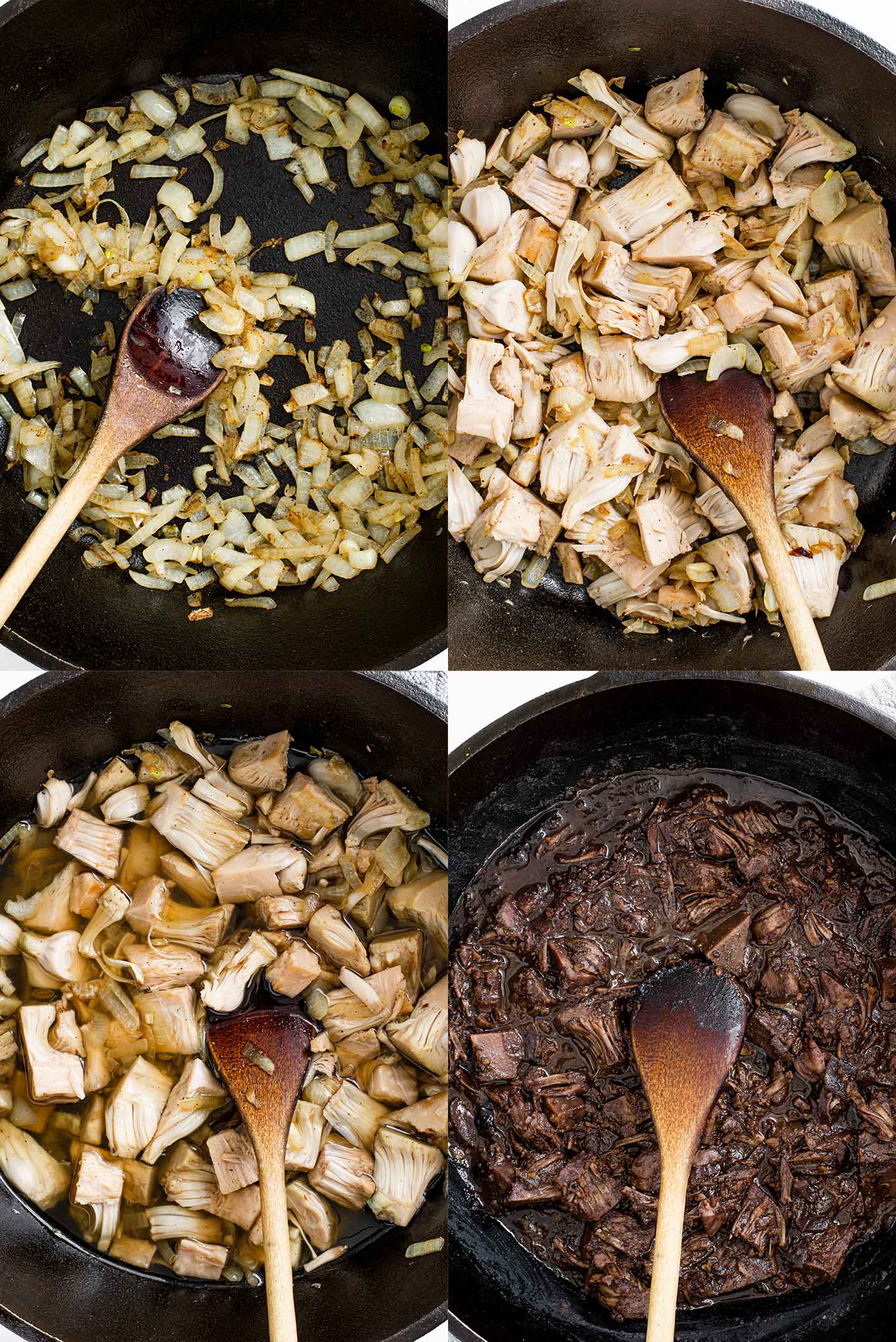 Grid of four process photographs. Sliced onion caramelizes in a cast iron dutch oven. Shredded jackfruit is added. Broth covers the jackfruit. Finally, the fesenjan is complete and the jackfruit has turned a deep brown colour resembling stewed beef.