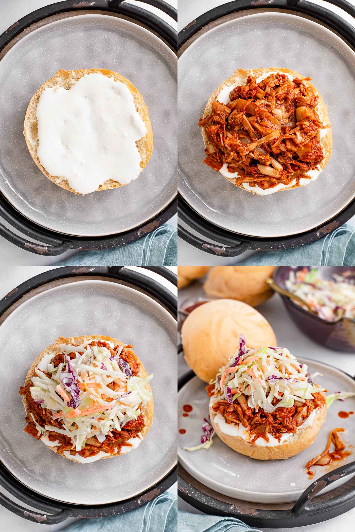 Grid of four top down process photos. Mayonnaise is spread on the bottom bun, BBQ jackfruit is spooned on top, coleslaw covers the jackfruit, and the top bun is placed next to the compiled sandwich.
