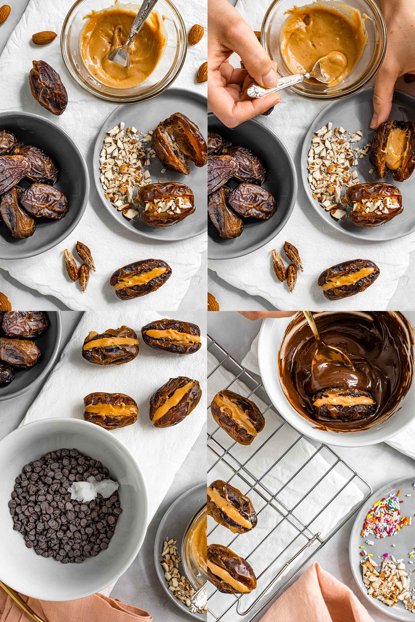 Grid of four process photos. Puts are removed from the medjool dates. Peanut butter and crushed almonds fill the centre. Coconut oil is added to chocolate chips. And a frozen date is dipped in melted chocolate.