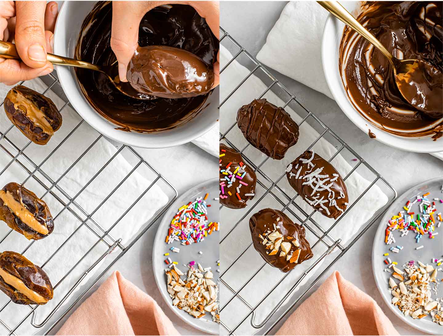 Grid of two process photos. A chocolate covered date is lifted from a bowl of melted chocolate and the excess drips off. Chocolate covered dates rest on a wire rack and are garnished with sprinkles, coconut flakes, and flaked almonds.