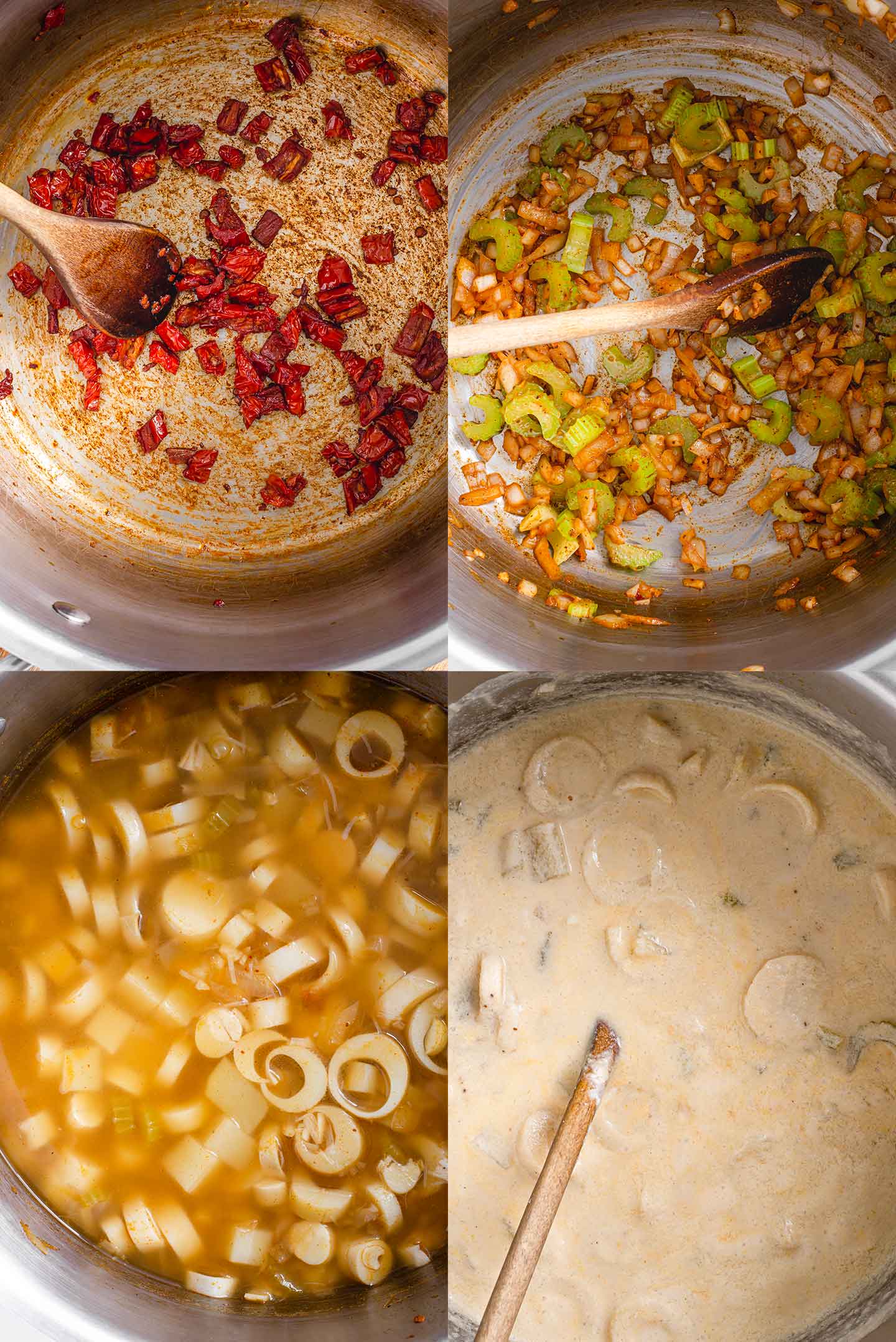 Top down grid of four process photos. Tomato bits are cooked in a large pot. Then onion, garlic, and celery are softened. Broth, potatoes, and hearts of palm are added. Then cashew cream is stirred in.