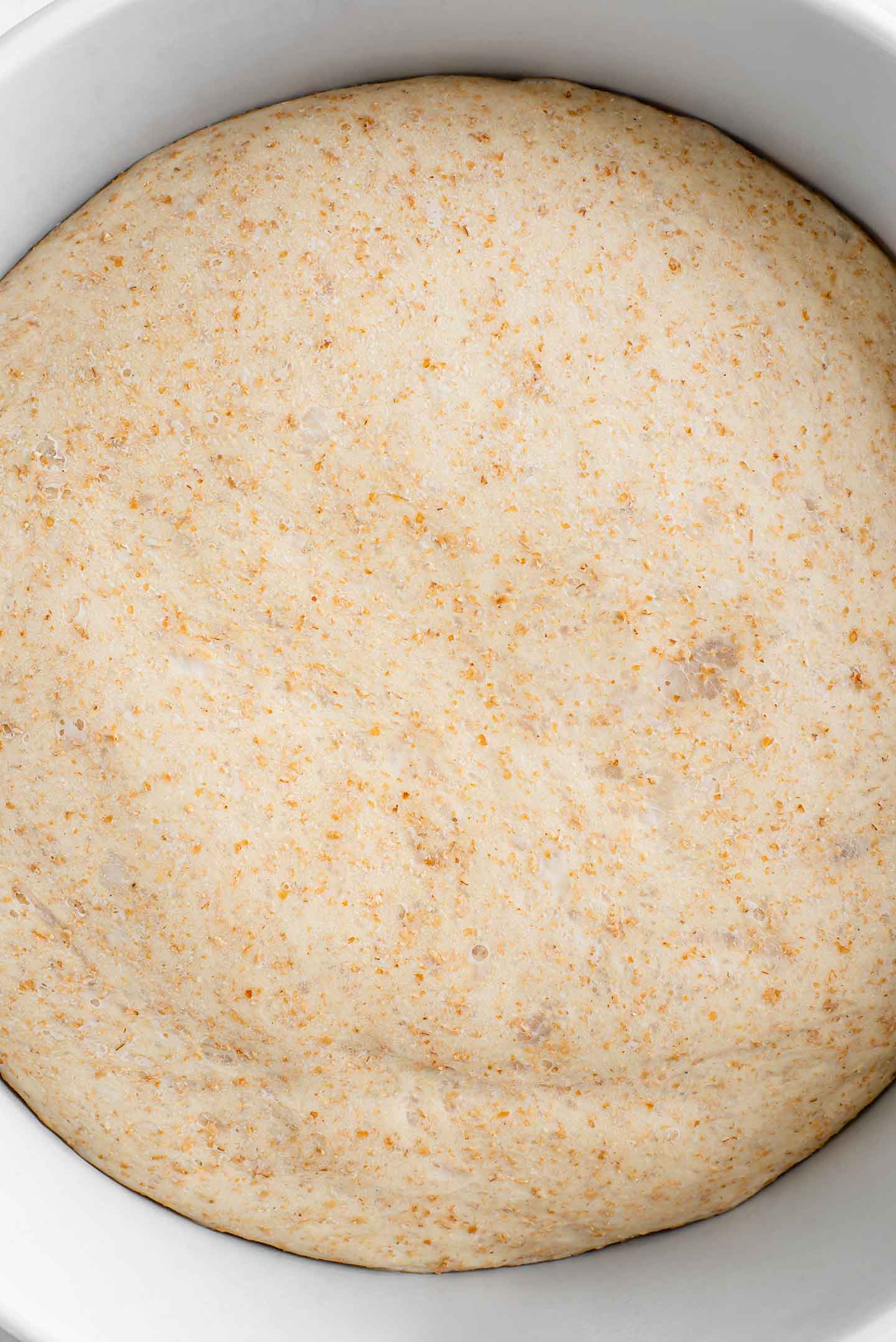 Top down view of risen dough filling a bowl. The easy pizza dough has expanded to fill nearly the entire bowl.
