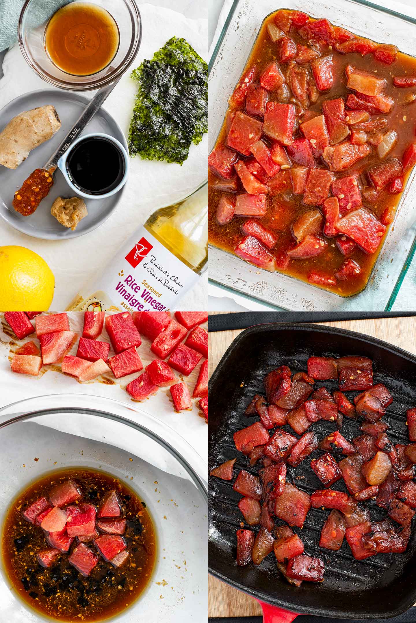 Grid of four process photos. Watermelon cubes are marinated in a flavourful sauce then added to a grill pan.