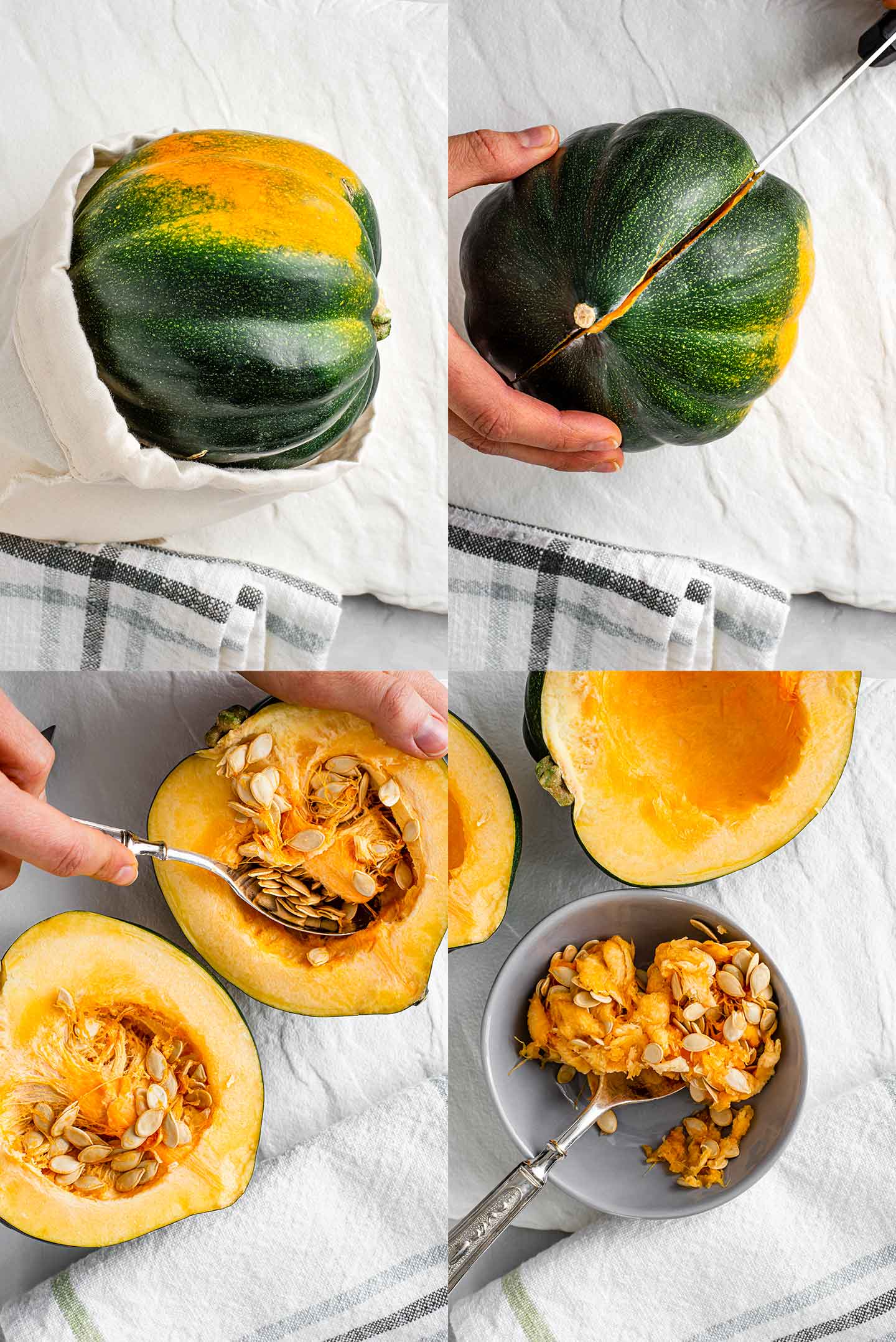 Top down grid of four process photos. A whole acorn squash, the squash being sliced in half, the seeds being removed and the hollowed out squash with seeds reserved in a small dish.