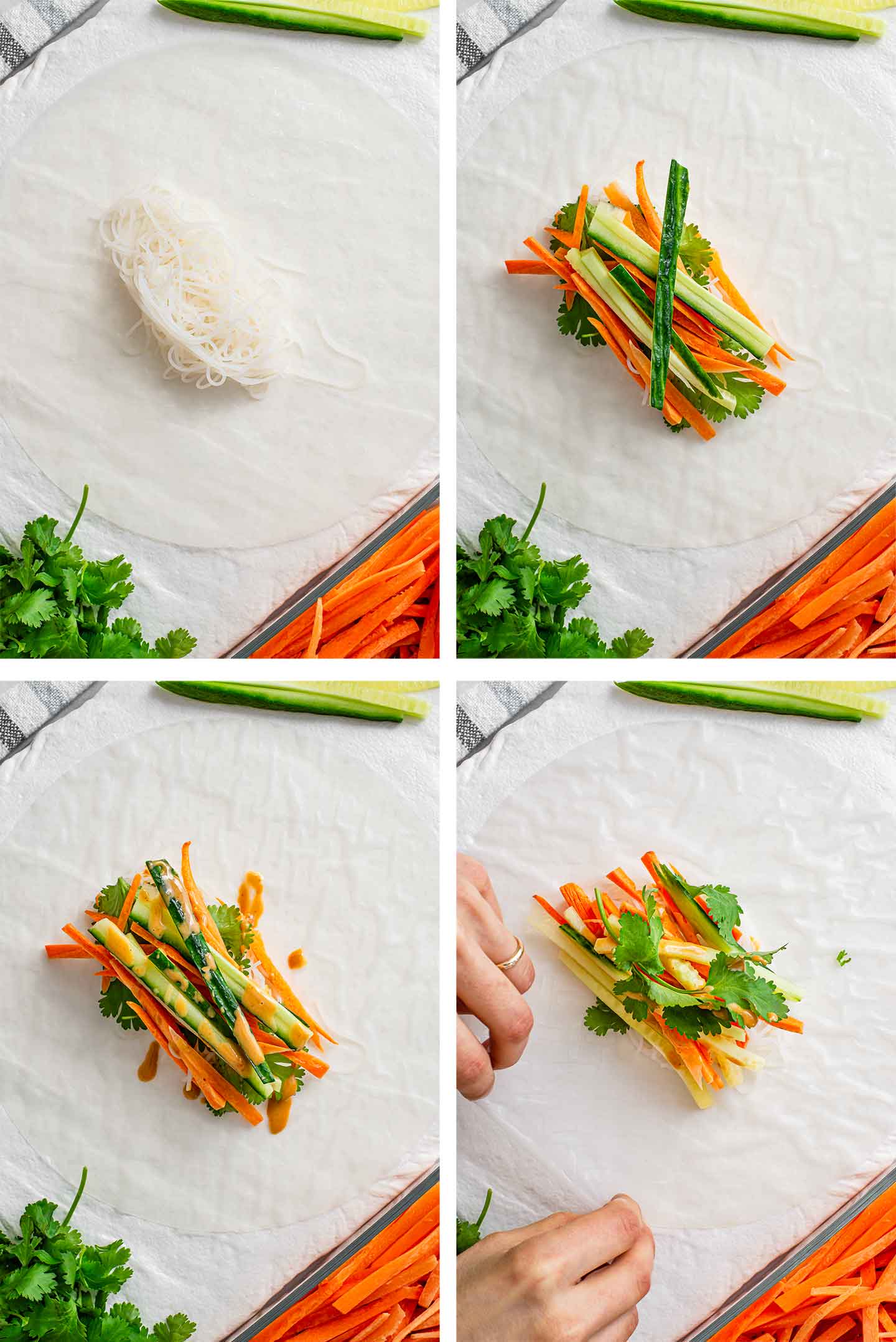 Top down grid of four process photos. Rice noodles are laid on a rice wrapper. Then veggies are layered on top, then peanut sauce is drizzled, and finally, two hands grip lift one side of the paper in preparation for folding.
