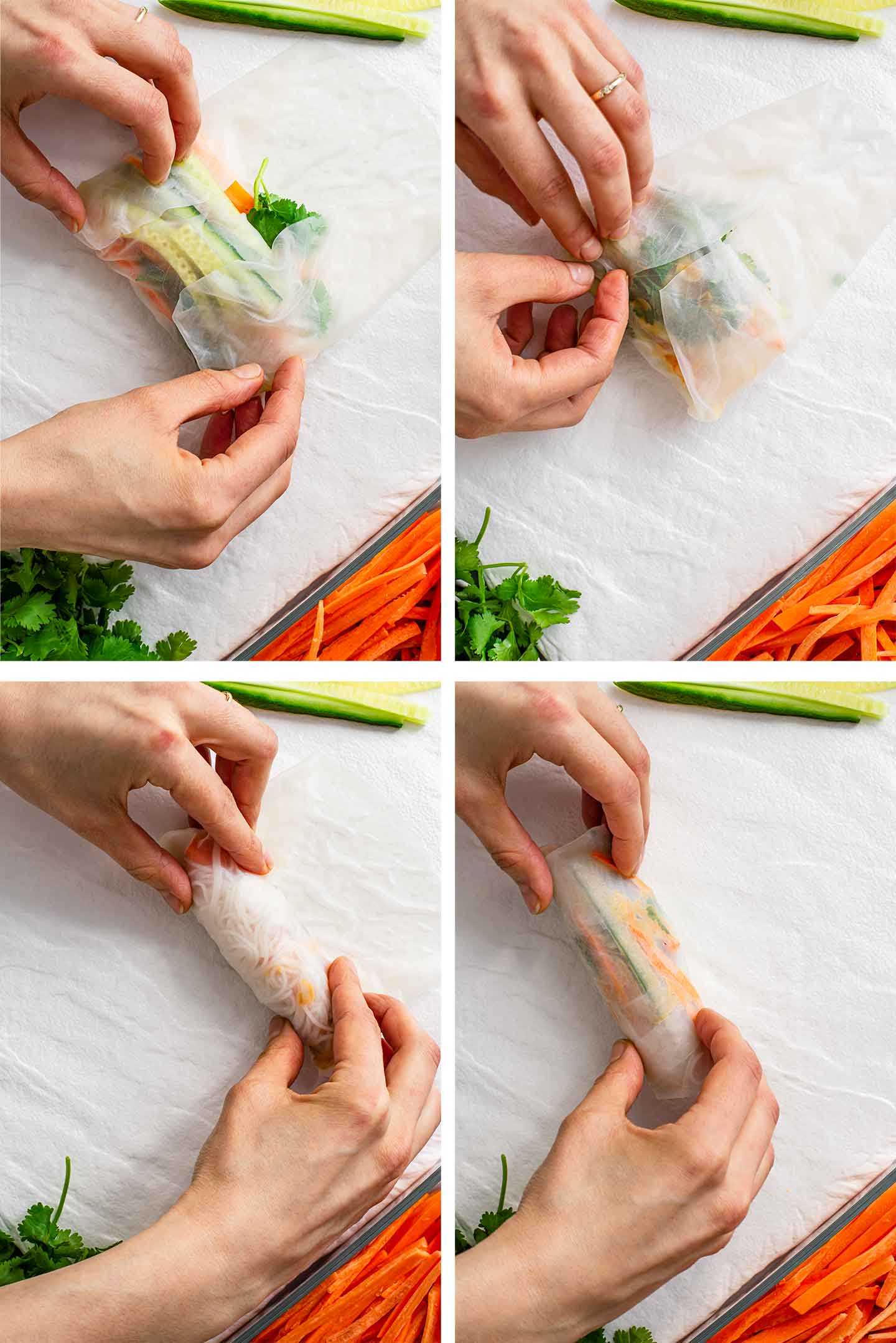 Top down grid of four process photos. Two hands fold rice wrapper over a bed of veggies and noodles placed in the centre. The hands fold the two side pieces in and over the fillings. Then the hands roll the rice wrapper in the direction of the first fold. A finished spring roll is the final photo.
