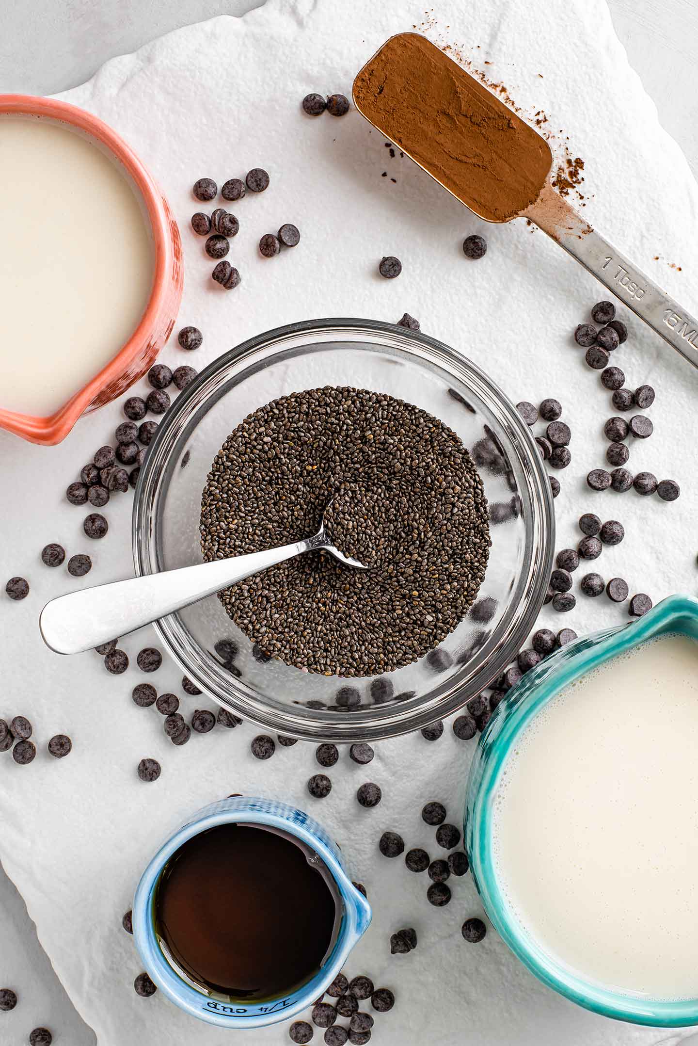 Top down view of chia seeds, chocolate chips, soy milk, cocoa powder and maple syrup.