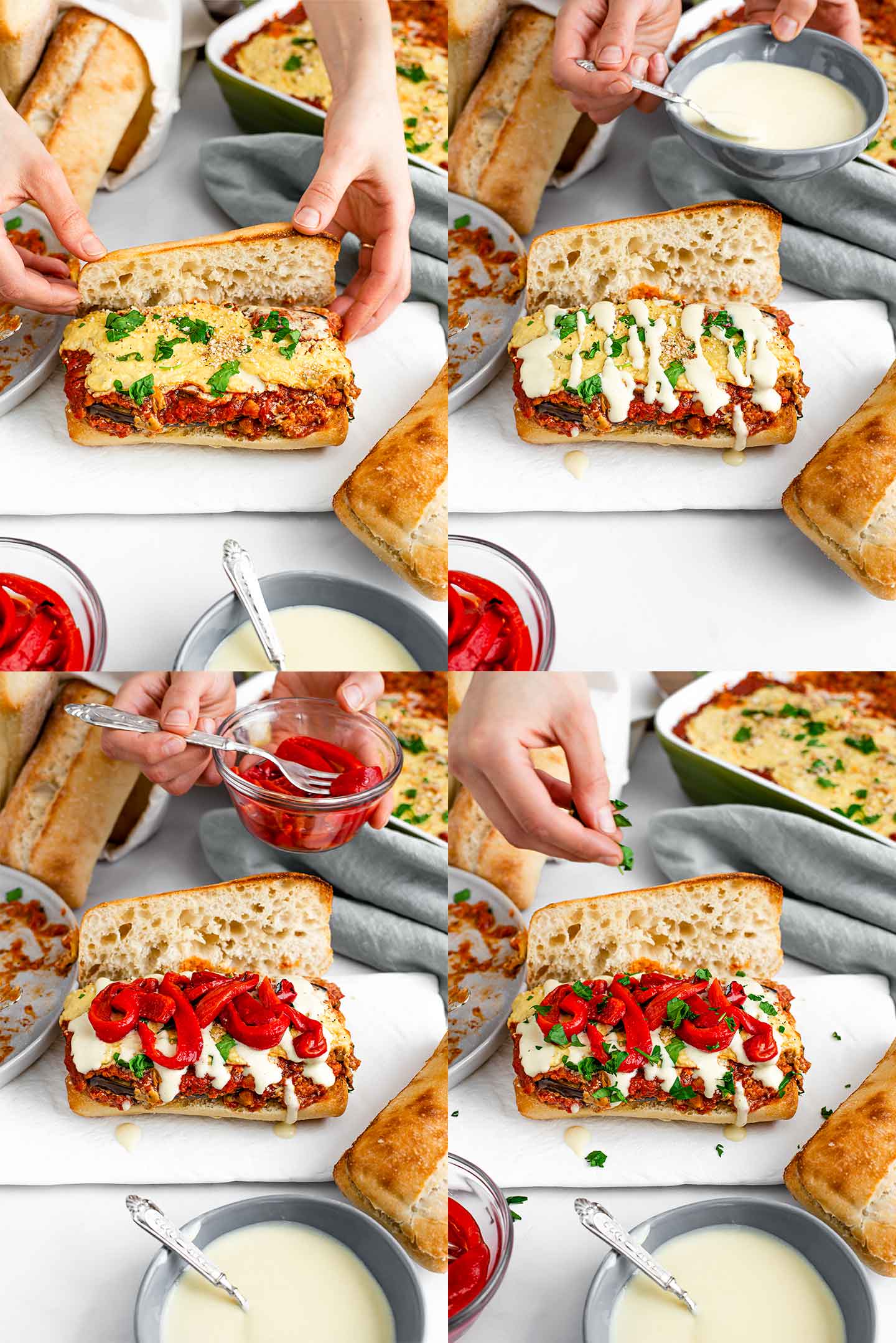 Grid of four process pictures. Eggplant parm is laid on a bun, extra bechamel is drizzled on top, roasted red peppers are added, and parsley is sprinkled on last.