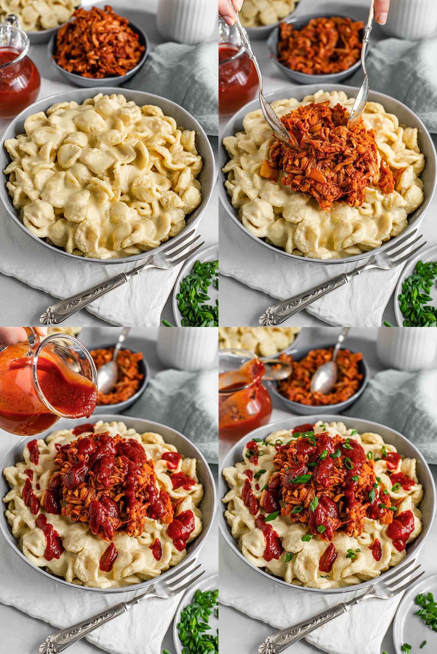 Grid of 4 photos of plating jackfruit mac and cheese. The noodles are covered in creamy sauce, the jackfruit is spooned on top, more BBQ sauce is drizzled, breadcrumbs and green onion garnish.