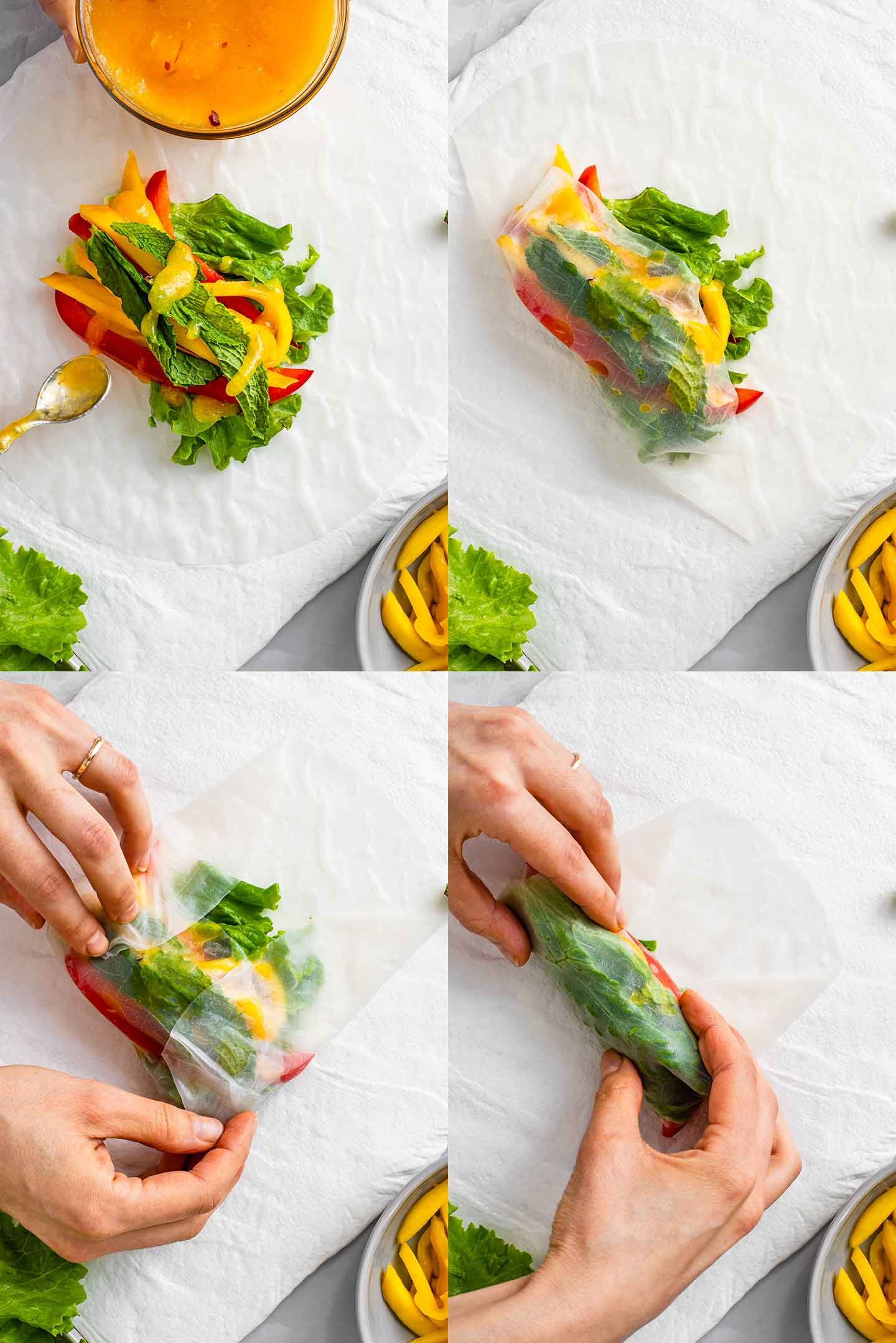 Top down 4 photo grid of rolling mango fresh rolls. Lettuce, mango, red pepper, and mint are layered. Sauce is drizzled. The bottom of the rice wrapper is folded up and the sides folded in. Then the fillings are tucked tightly and rolled to close the wrapper.