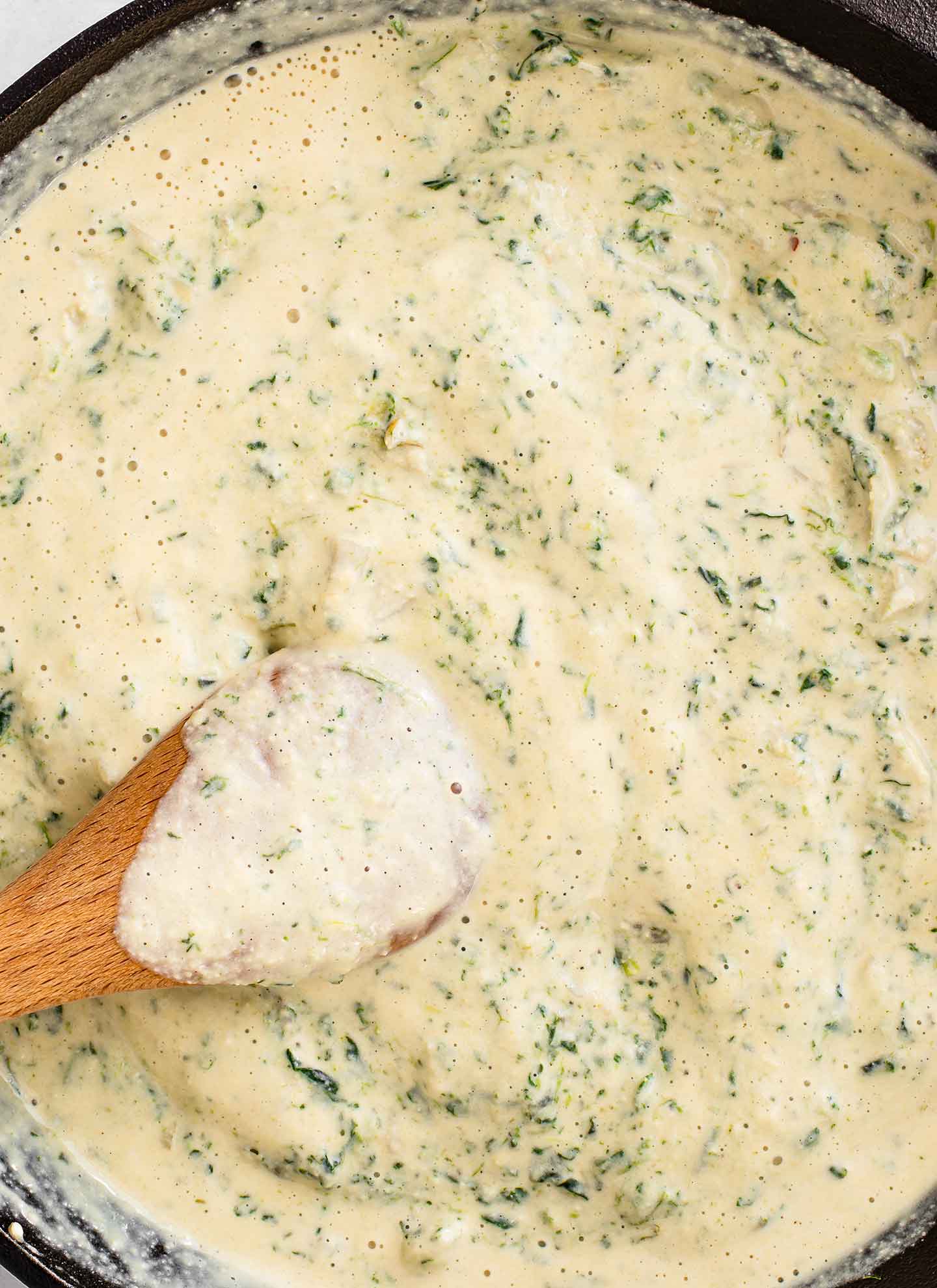 Top down view of the creamy dip before being warmed in the oven.