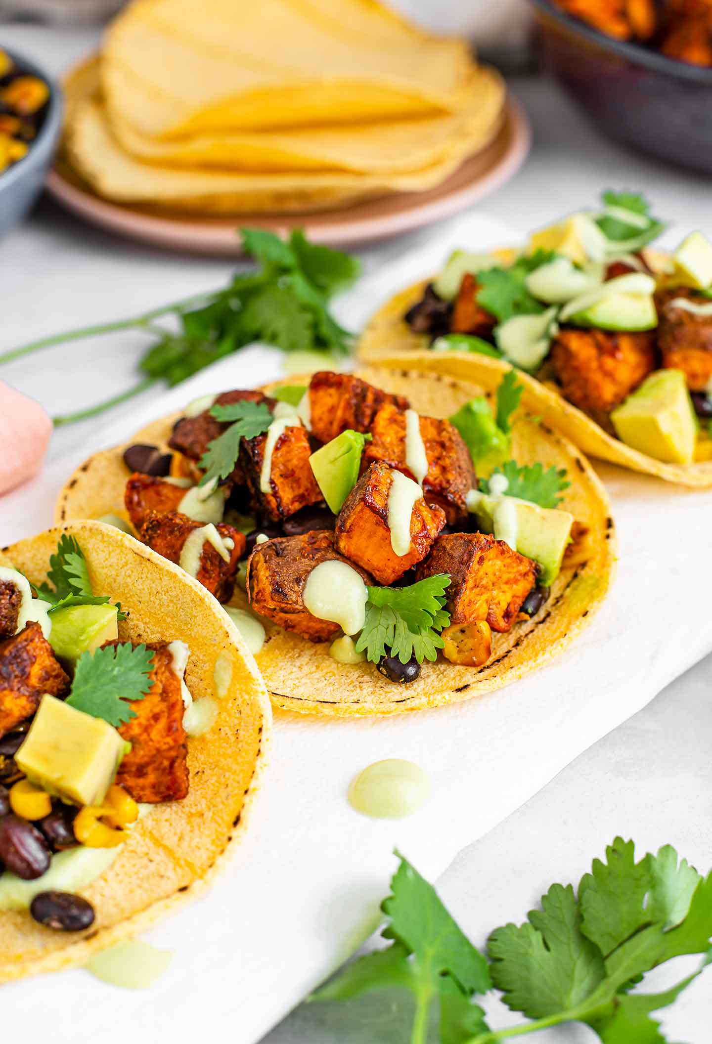 Side view of three roasted sweet potato black beans tacos on a white tray. Extra corn tortillas are in the background and the colourful tacos are drizzled with a creamy dressing.