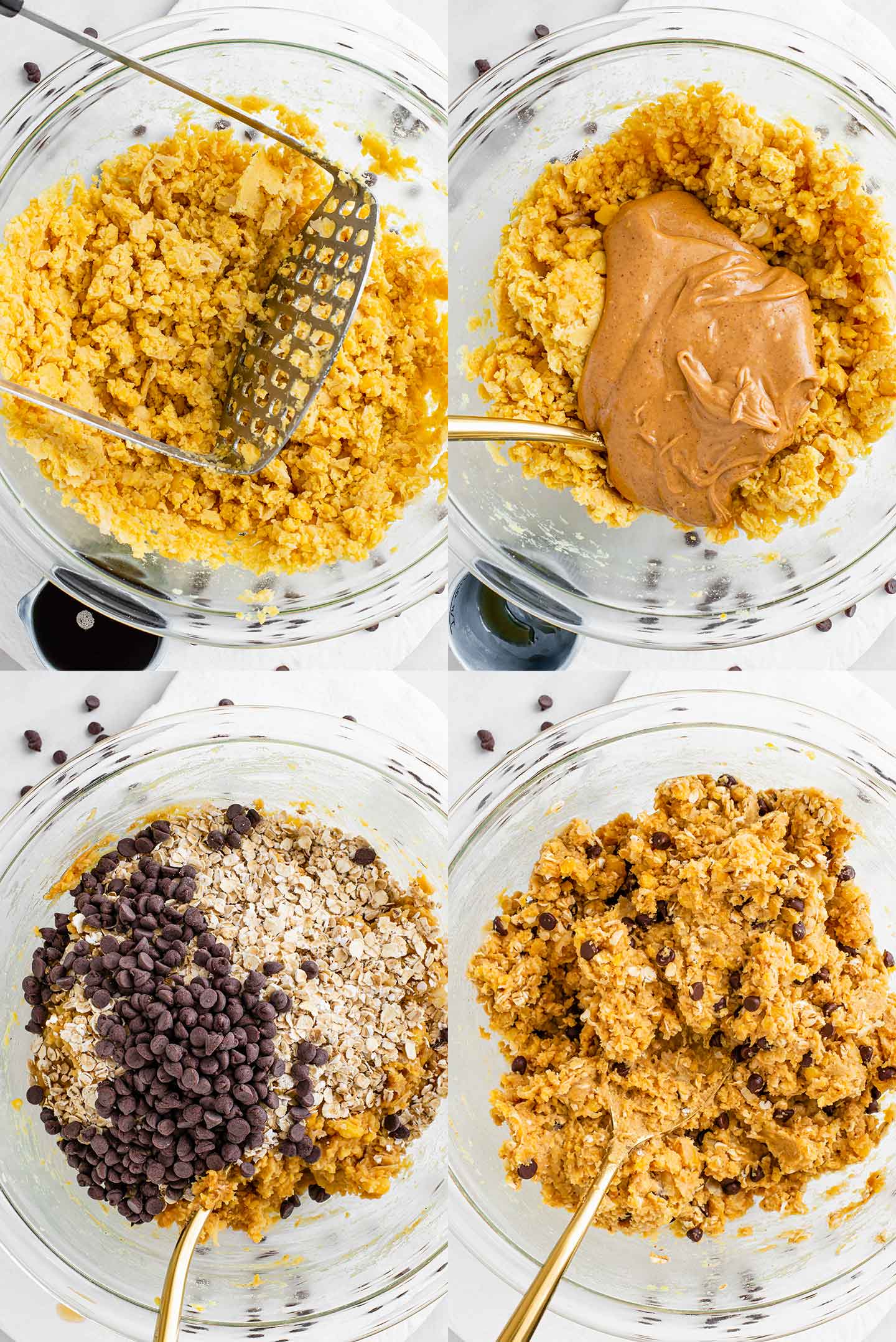 Grid of four process photos. Chickpeas are mashed then peanut butter and maple syrup are added. Then chocolate chips and oats sit on top of the batter and the final photo is the combined dough.