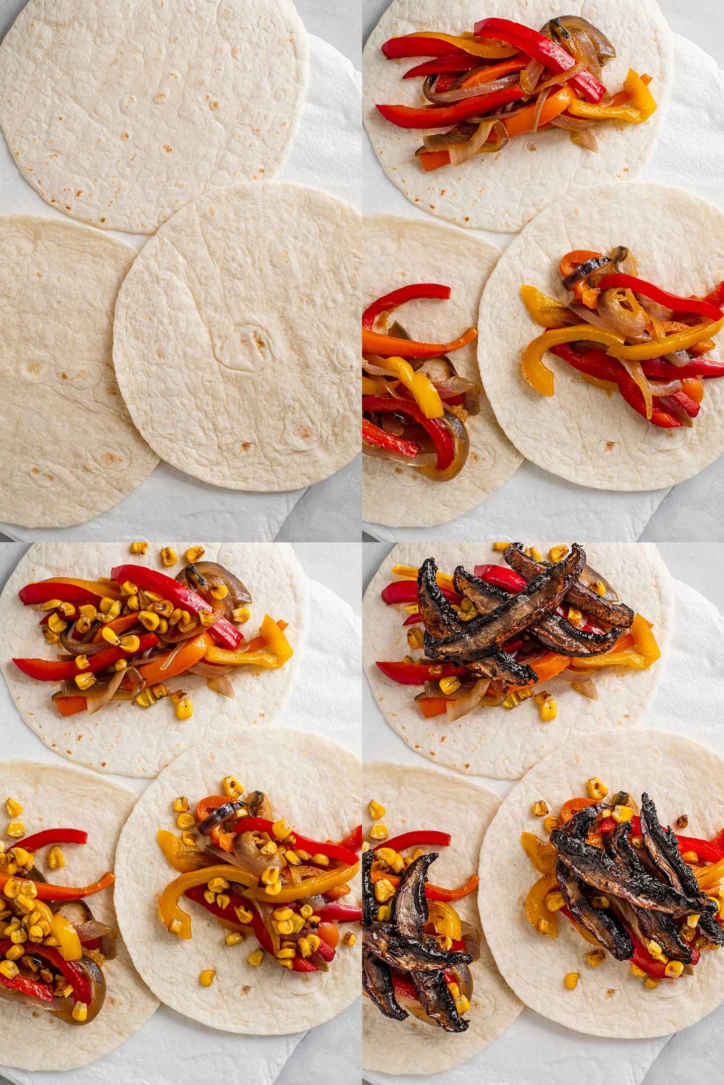 Grid of four process photos. Three plain tortillas lay are spread on a tray. The tortillas are topped with grilled bell peppers and onions, then charred corn is added, and then sweet & spicy sesame strips.