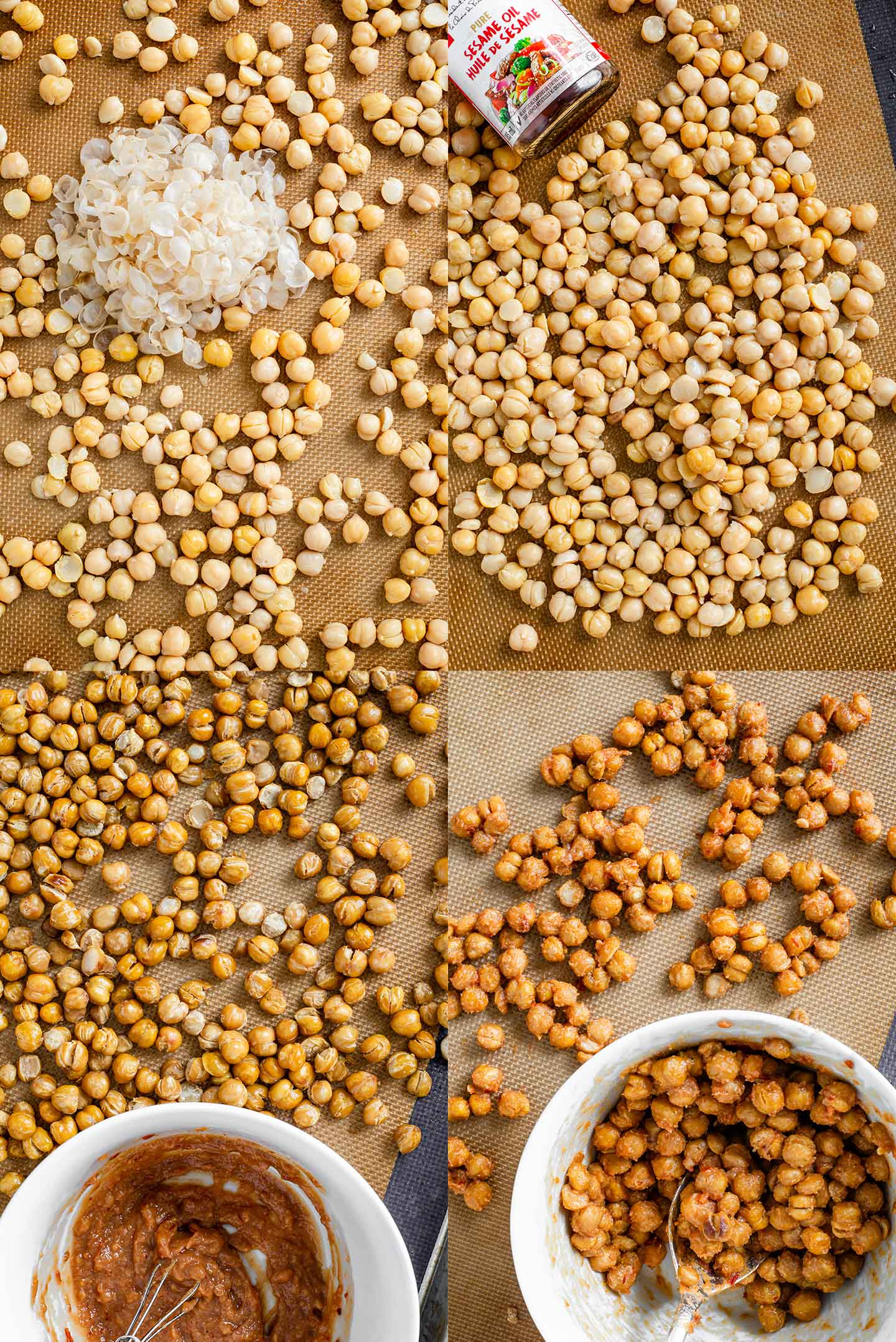 Grid of four process photos. The thin skins are removed from the chickpeas, they are tossed in sesame oil. Then they are roasted and the dressing is prepared. Finally they covered in the dressing.