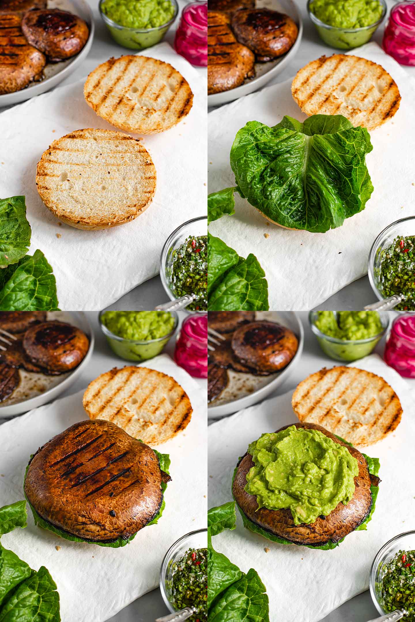 A grid of four process photos. A grilled burger bun lays on a white tray with ingredients around. Lettuce lays on the bottom bun. A mushroom patty is placed on top. Then mashed avocado is added.