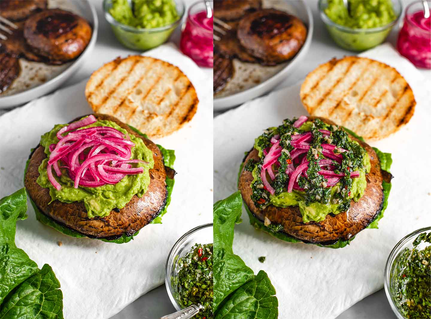 A grid of two process photos. Pickled red onion is added to the burger and chimichurri is drizzled on top.