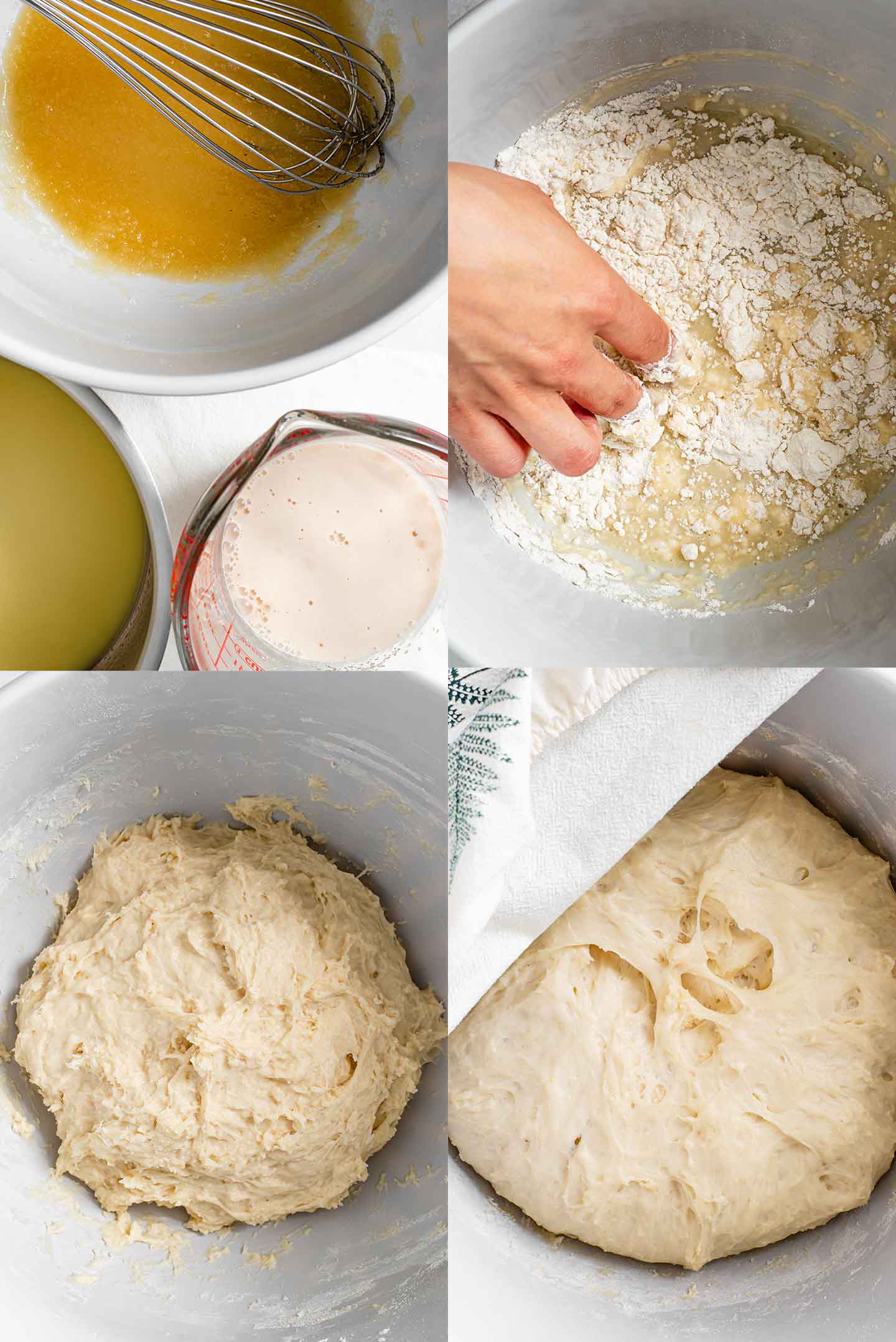 Top down grid of four process photos. The first shows a frothy yeast mixture, melted butter with milk, and an applesauce mixture. In the second, fingers combine the dough ingredients. In the third and fourth, the dough is shown before and after it rises. 