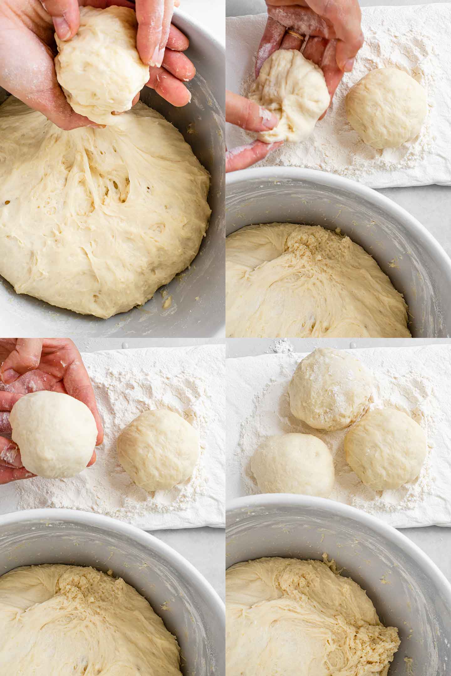Top down grid of four process photos. Hands pull a small amount of dough from the risen dough ball, then the small dough is tidied into a smooth ball, and laid in a mound of flour.