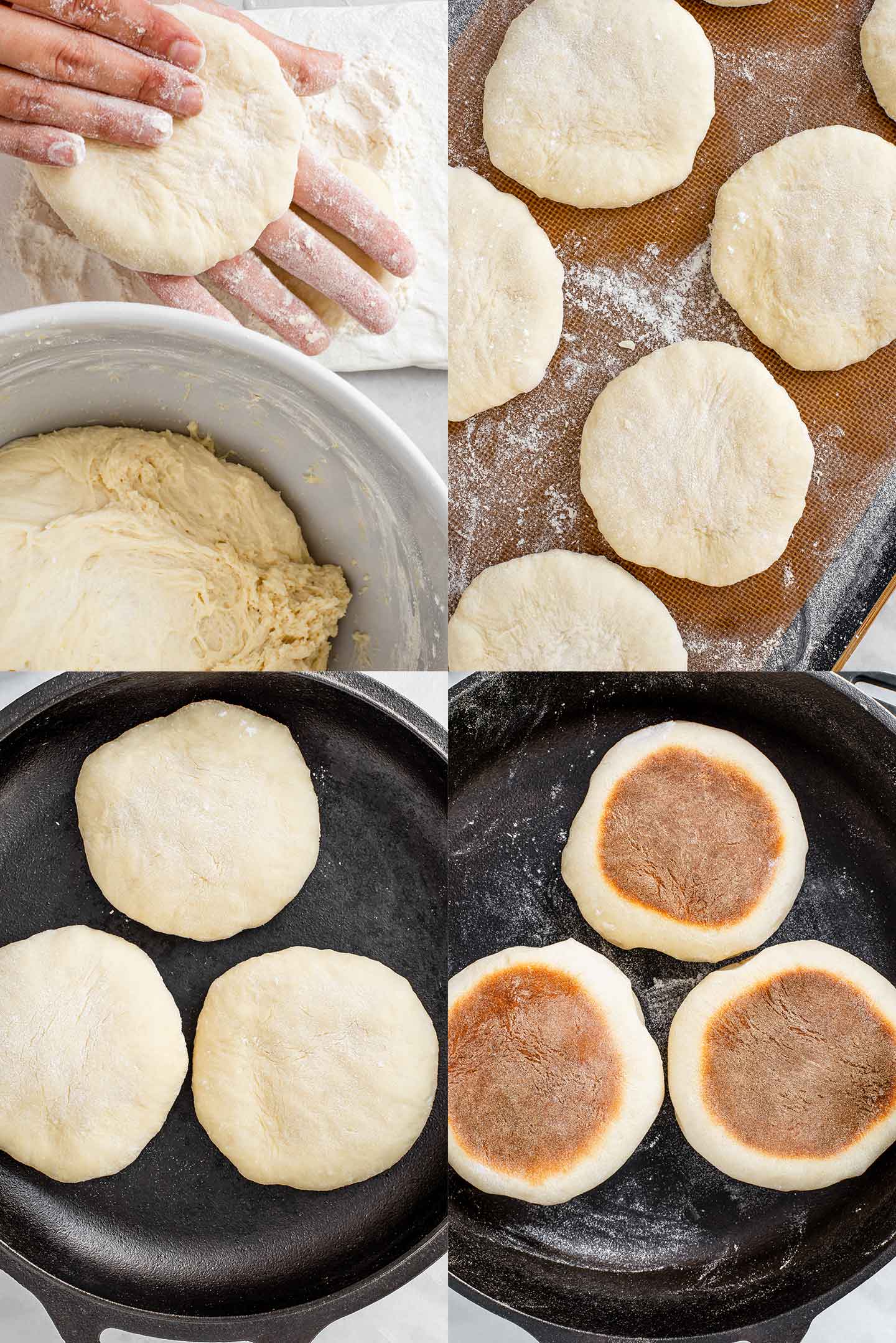 Top down view of a grid of four process photos. The small dough balls are flattened into circles between the palms of two hands, allowed to rest on a baking tray, then cooked on a skillet, and flipped showing the dark golden and cooked bottoms.