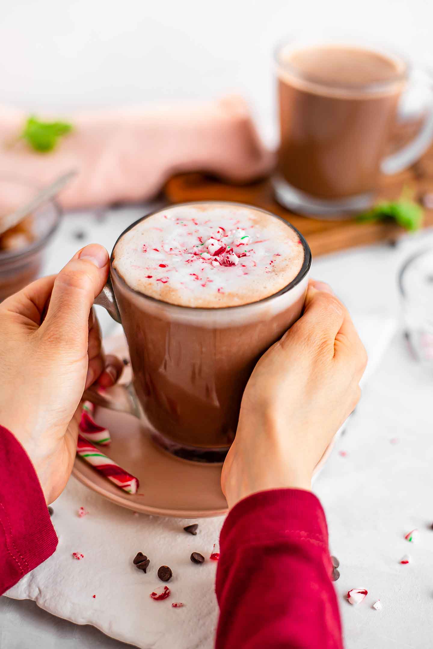 Side view of hands wrapped around a glass mug of peppermint hot chocolate. Whipped cream melts into the top of the drink and candy cane shavings sink into the whipped cream.