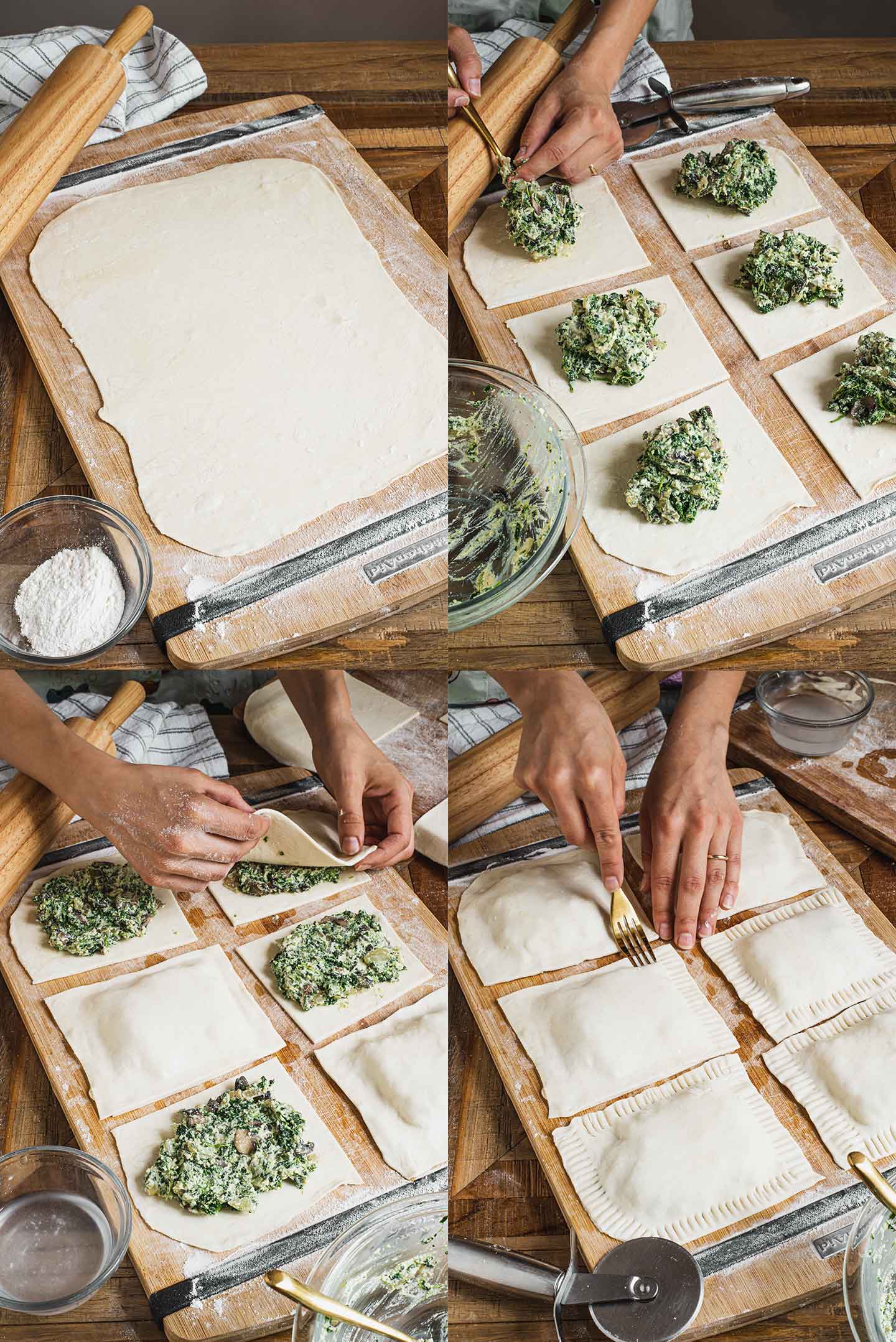 Grid of four process photos. Puff pastry is rolled out into a thin rectangle. The pastry is cut into 6 squares and filling is added to the centre of each. The top layer of pastry is applied and the edges are crimped with a fork to seal the two layers.