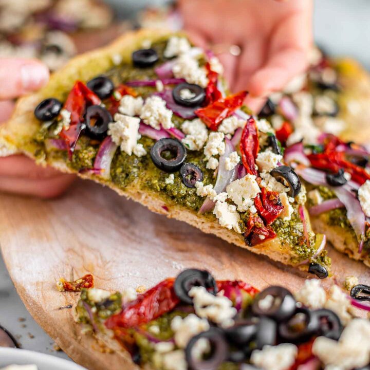 Thin Crust Pesto Pizza With Easy "Feta" Crumble • Tasty Thrifty Timely