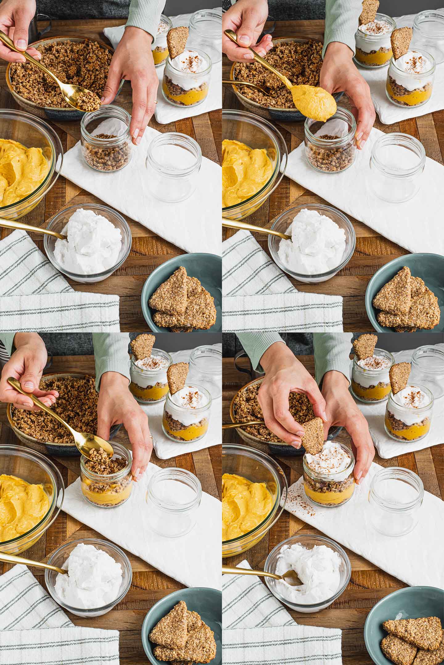 Grid of four process photos. The first photo shows granola being placed in a 4oz jar. Next, pumpkin mousse is spooned over the granola. Then, another layer of granola is added.Finally, a pie crust cookie is placed in the coconut whipped cream topping.