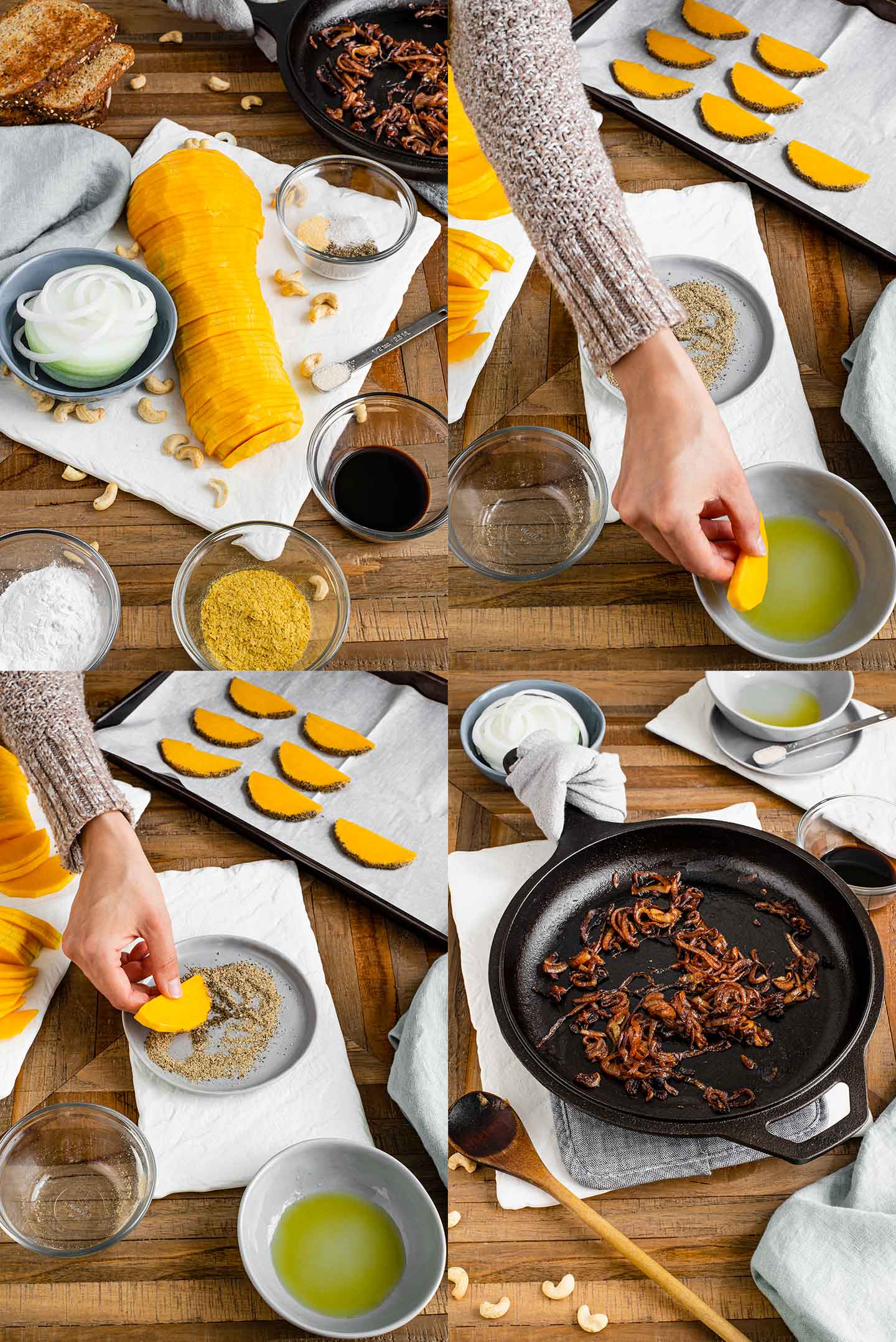 Grid of four process photos. Butternut squash is peeled and sliced. Then rolled in olive oil and dry spices. Balsamic onions are also pictured.
