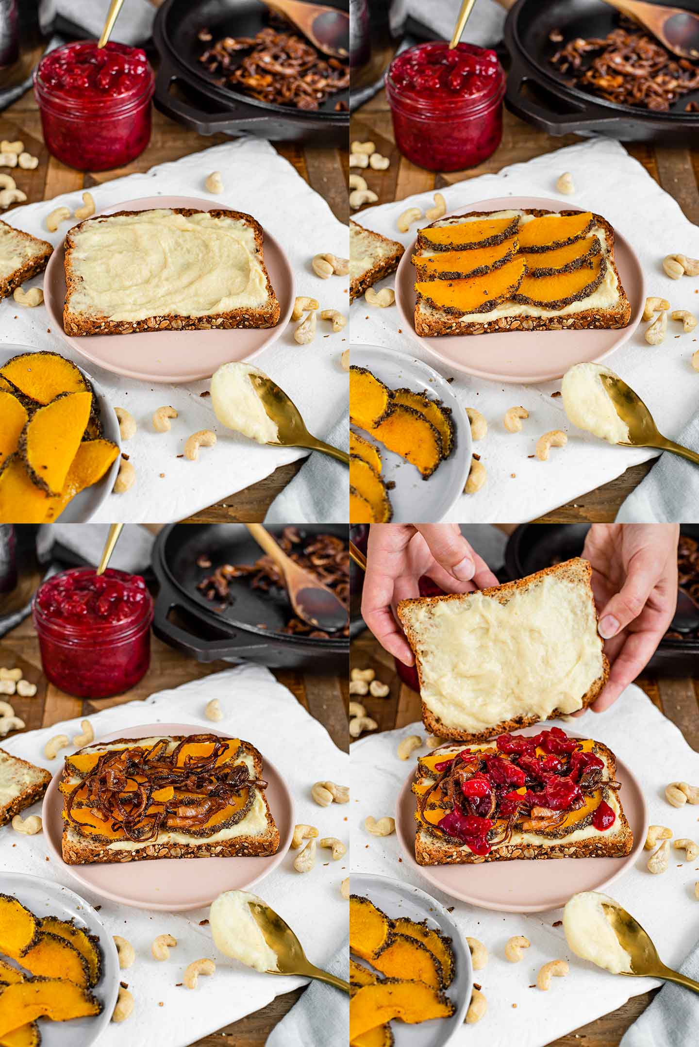 Grid of four process photos of building the sandwich. Mozzarella is spread on a toasted slice of bread. Then, slices of peppered squash are laid, drizzled with balsamic onions, and leftover cranberry sauce!