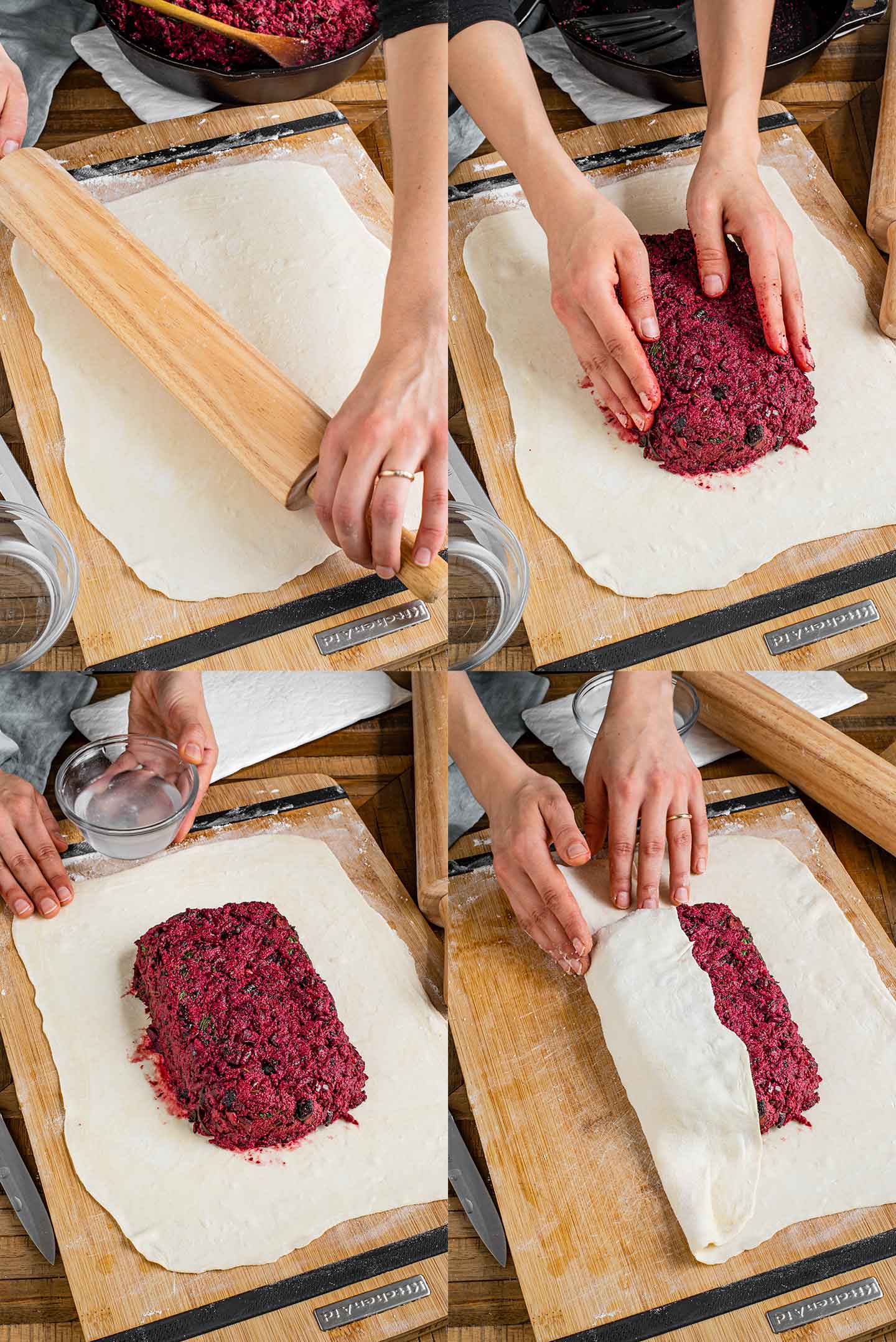 Grid of four process photos. Puff pastry is rolled out. The beet filling is added to the centre of the pastry. The edges of the pastry are dampened and then folded over the filling.