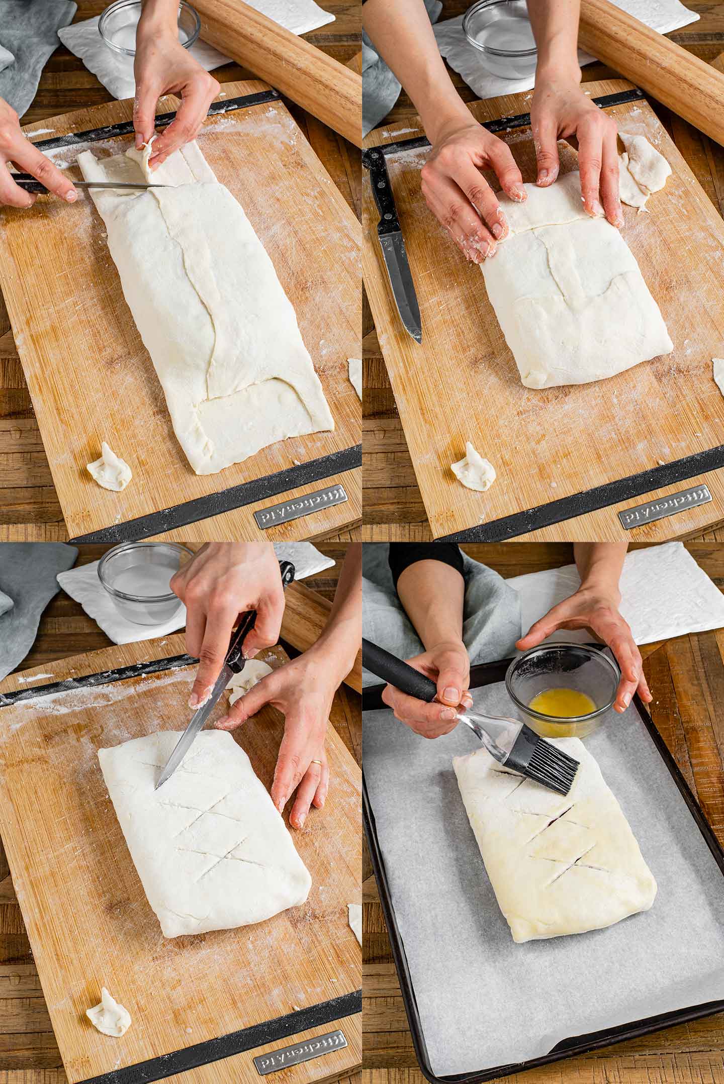 Grid of four process photos. The top layer of pastry on the ends of the wellington is removed and the remaining pastry folded up. The wrapped wellington is transferred to a baking tray, brushed with butter, and scored.