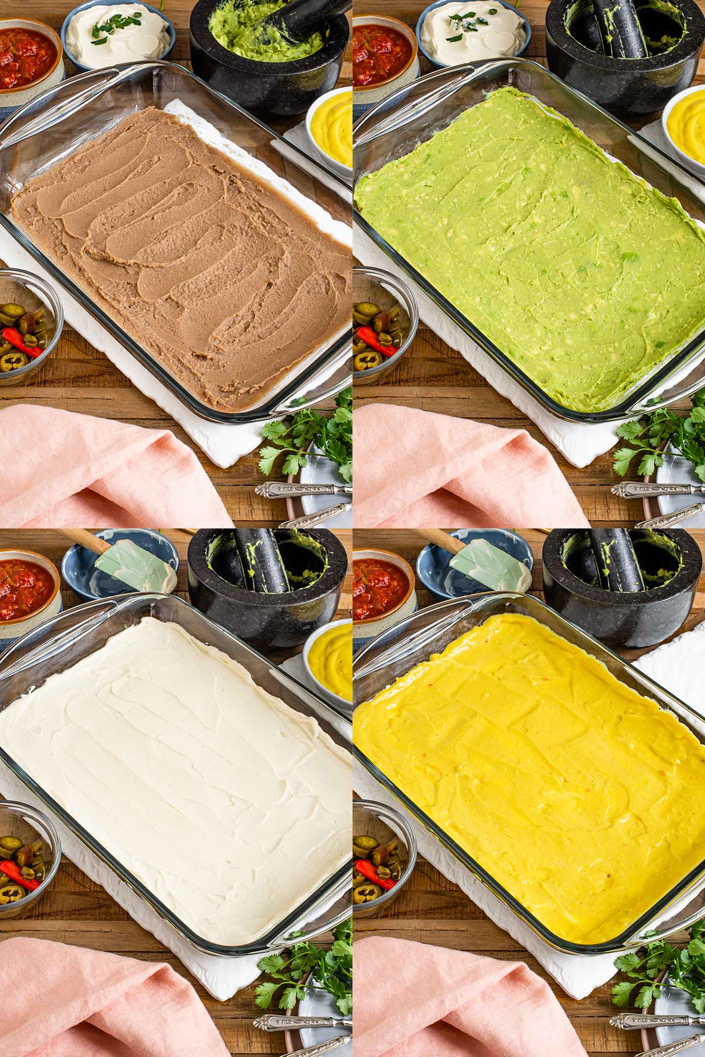 Grid of four photos demonstrating the layers of the dip. First is a layer of refried beans, then guacamole, then tofu sour cream, then vegan queso.