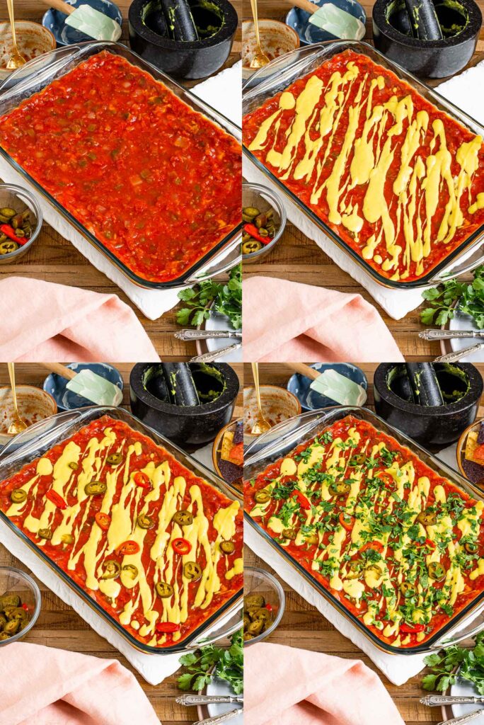Grid of four photos demonstrating the top layers of the vegan 7 layer dip. Salsa, then a queso drizzle, jalapeños, and finally chopped cilantro.