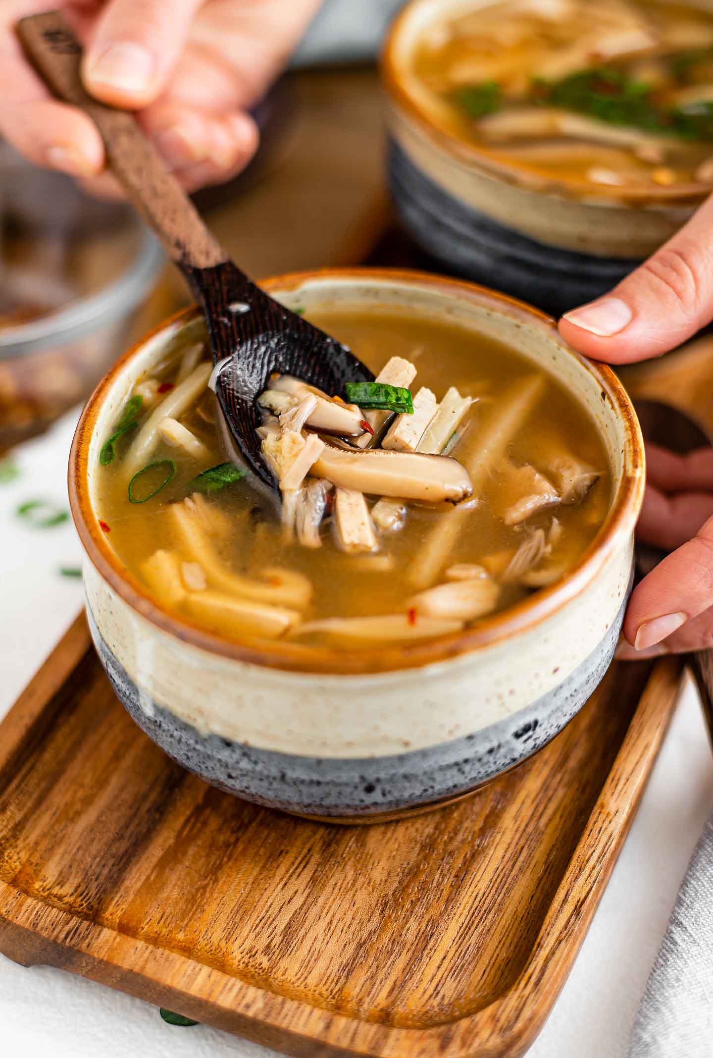 Side view of a spoon dipping into a bowl of hot and sour soup. Thinly sliced tofu, bamboo shoots, and mushrooms swim in the thick and glossy broth.