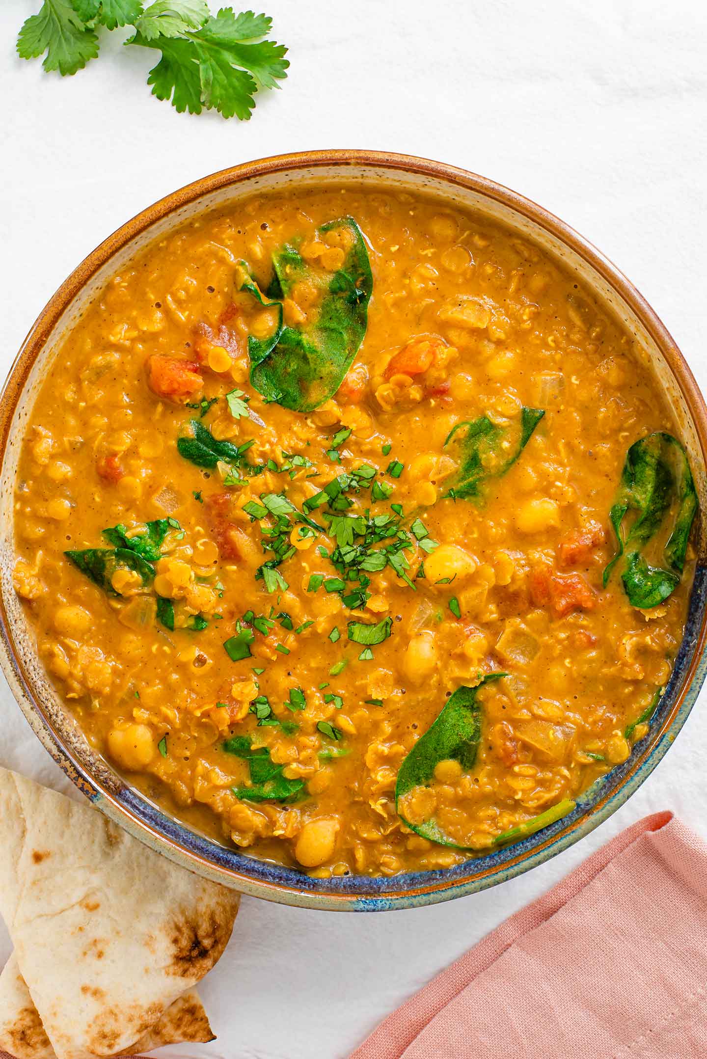 Top down view of a bowl of vegan red lentil curry. Spinach, tomatoes, and chickpeas are visible in the thick red lentil curry.