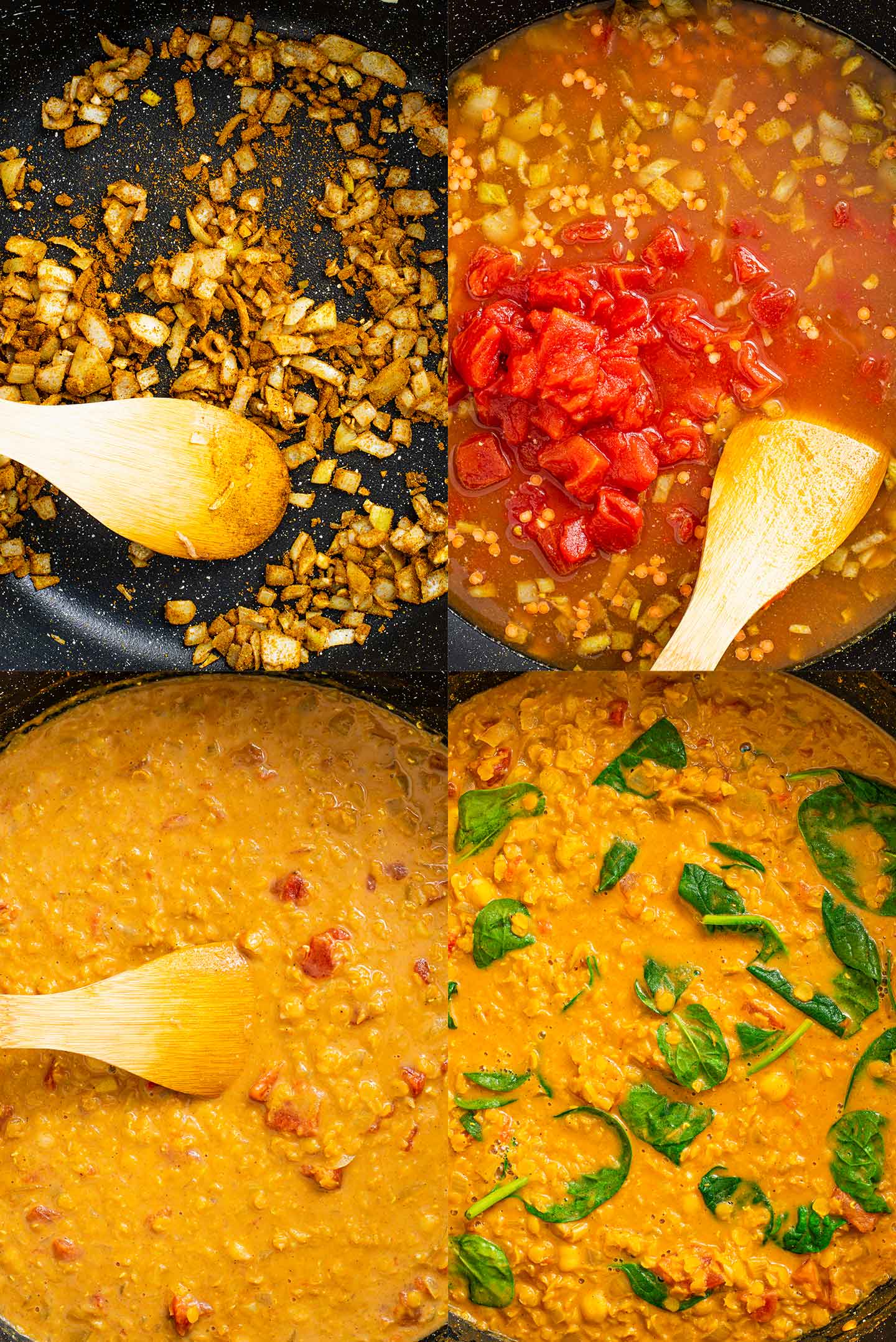 Grid view of four process photos. Onion and garlic are cooked, then more ingredients are added in each photo.