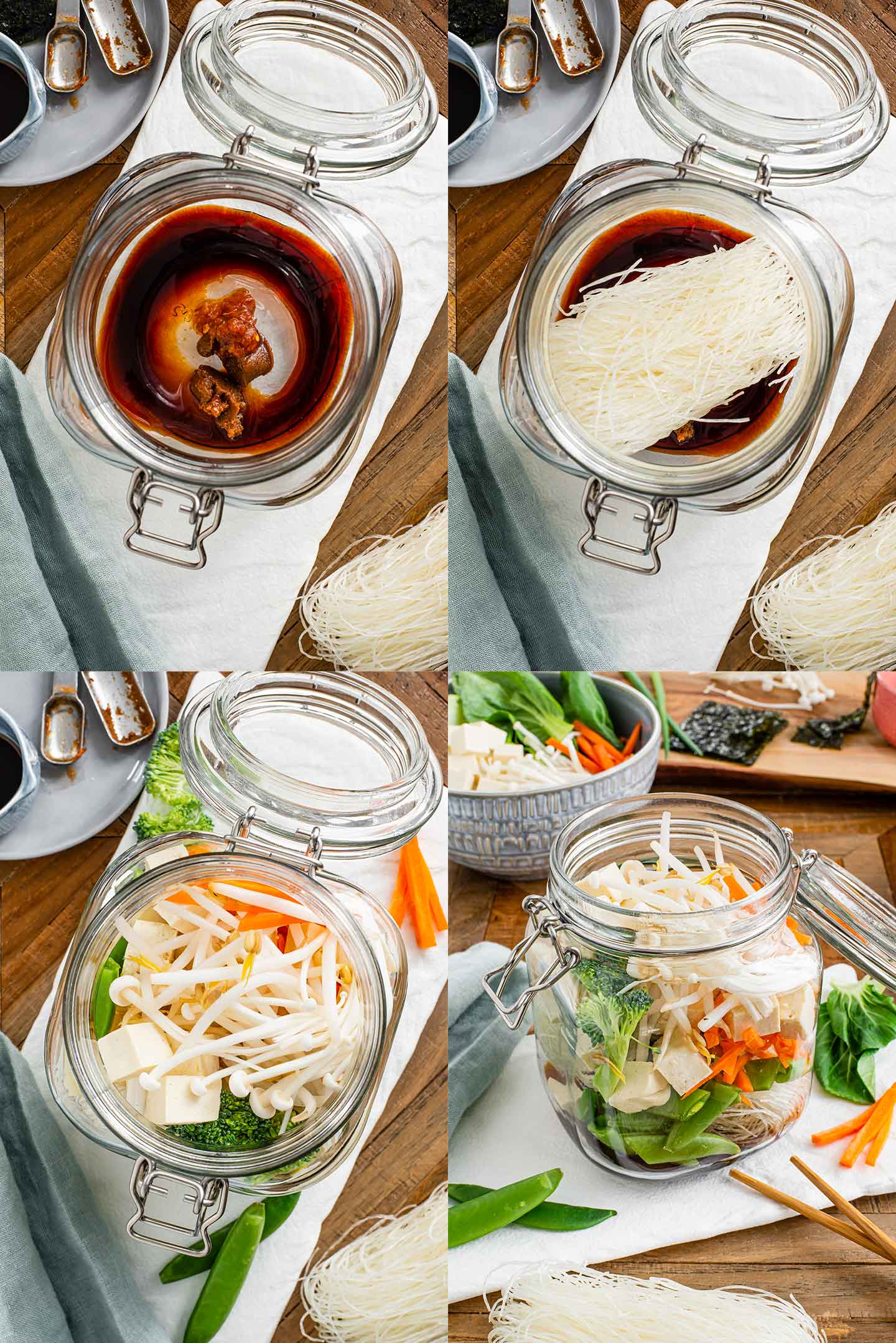 Grid of four process photos. Broth ingredients are added to a large glass jar. Dry rice noodles are added. Vegetables and tofu are piled on top. Finally hot water is added to the jar creating the soup.