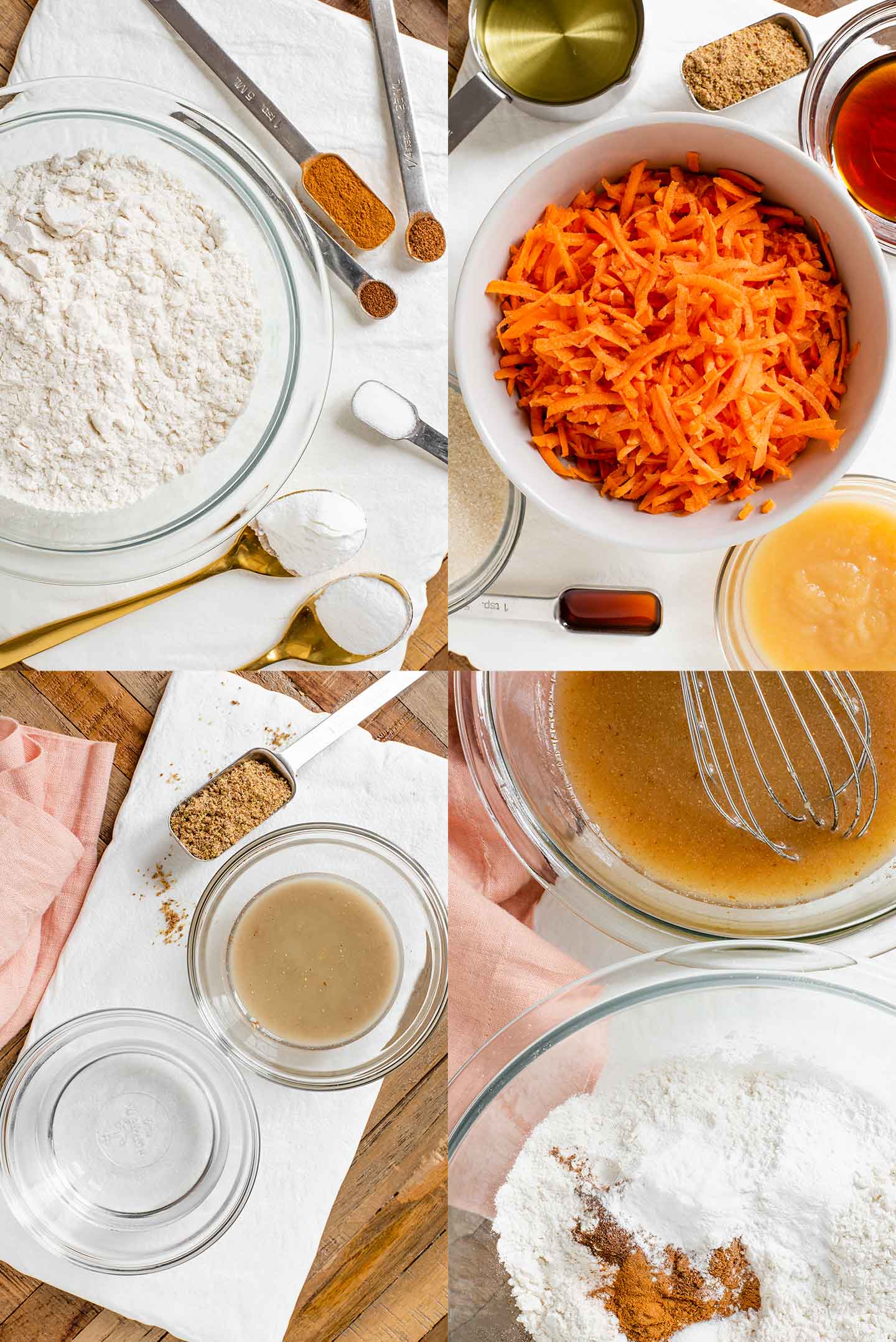 Grid of four photos. The first has dry ingredients. The second has wet ingredients. The third shows a flax egg and the fourth shows combined wet and dry ingredients.