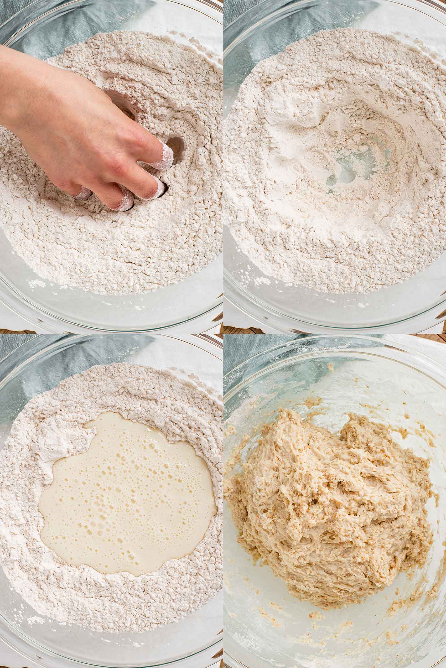 Grid of four process photographs. A hand mixes dry ingredients, a well is formed, vegan buttermilk is added, and the wet and dry ingredients are mixed into a sticky dough.