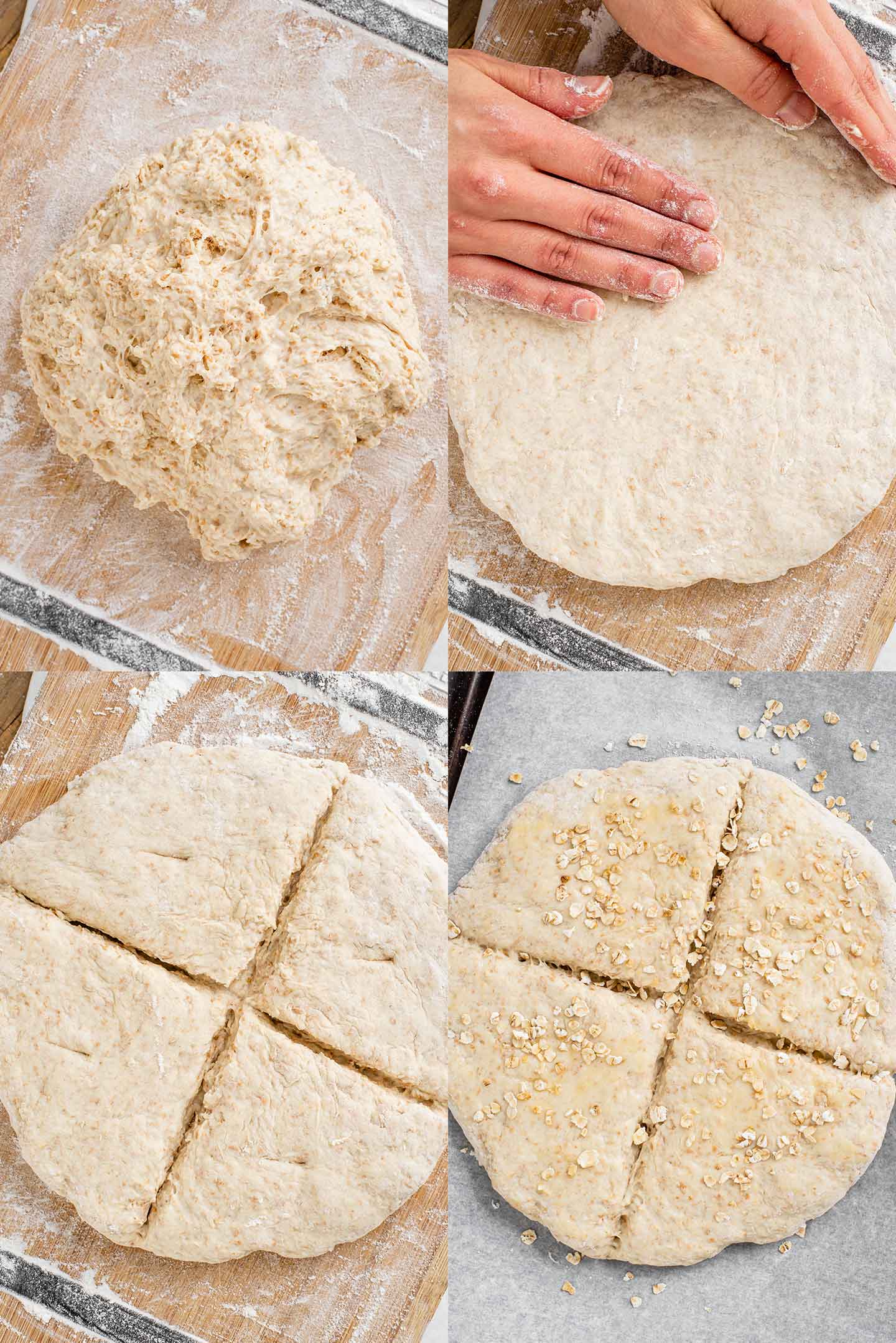 Grid of four process photos. Sticky dough atop a floured cutting board, hands flatten the dough into a disc, a deep cross is cut into the dough, the dough is placed on a lined baking sheet and sprinkled with oats.
