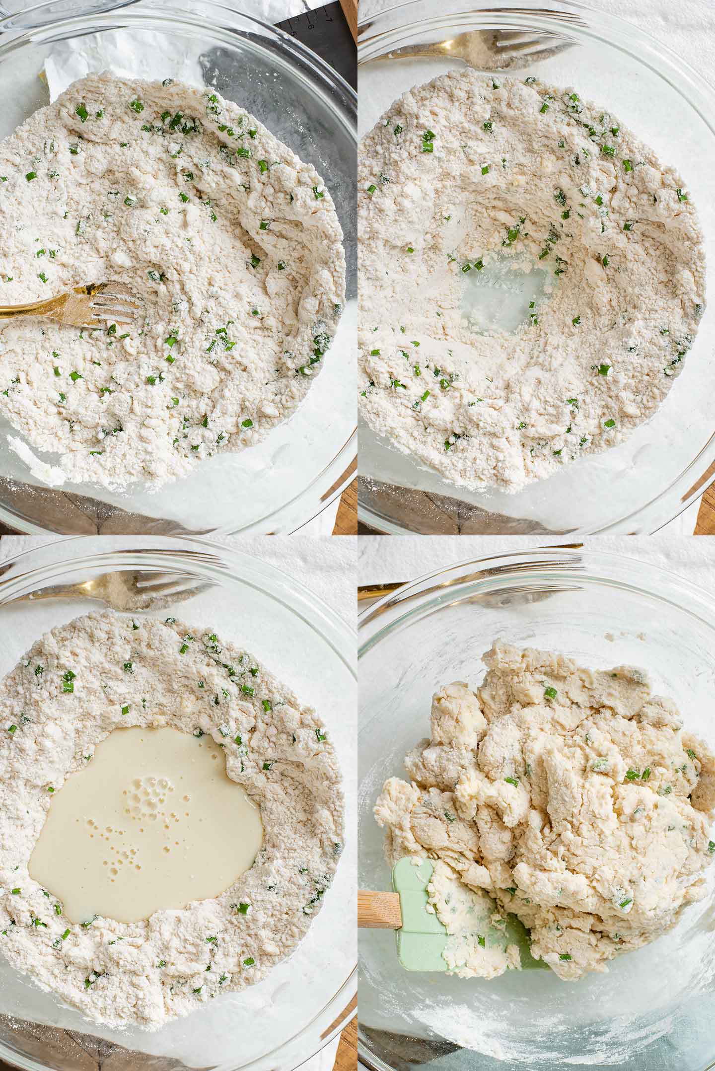 Grid of four process photos. Chives are stirred into a flour mixture. A well is made in the flour. Buttermilk is poured in and finally the crumbly dough has come together.