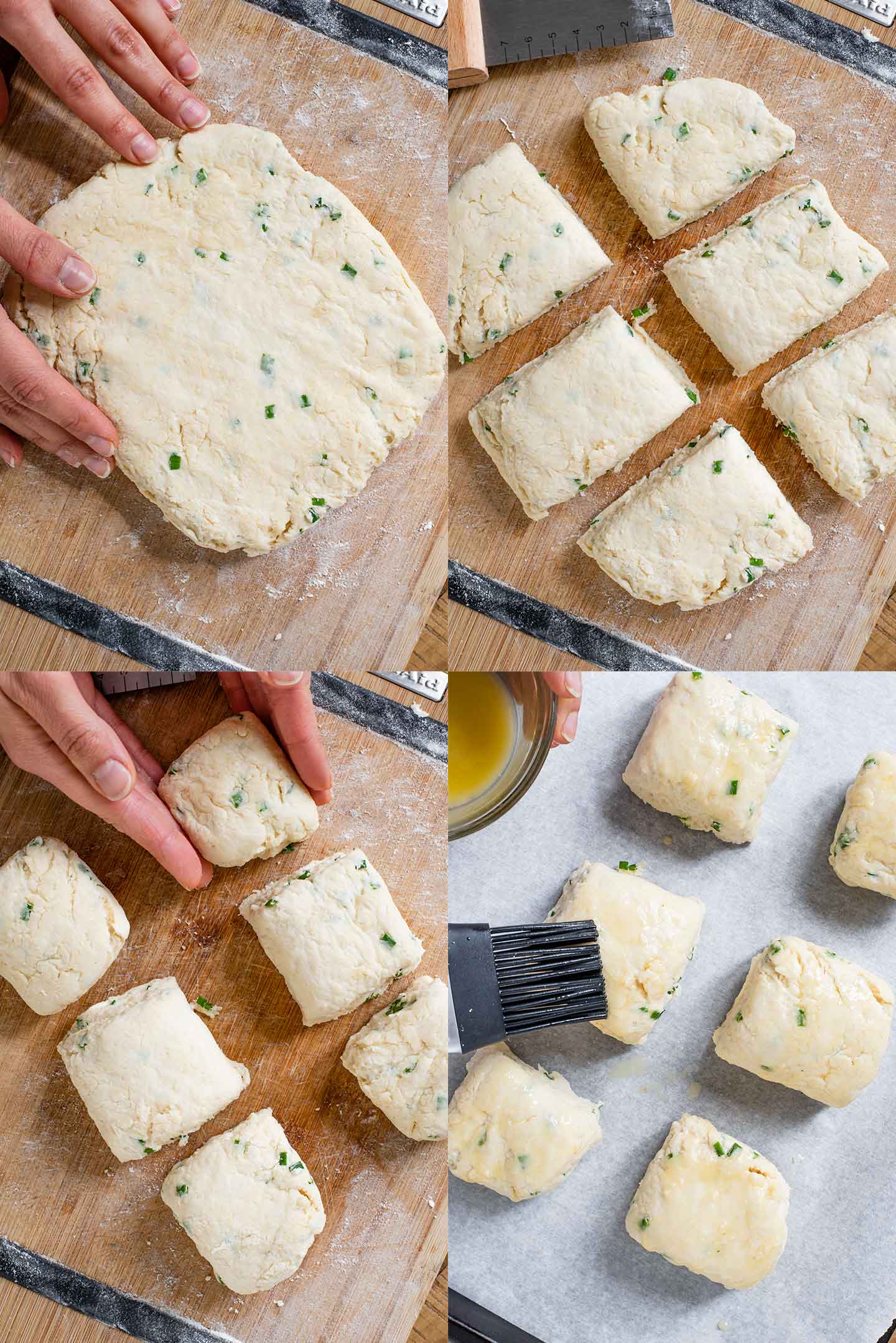 Grid of four process phots. Dough is formed into a rectangle, then sliced into 6 segments. Square biscuits are formed and the tops are brushed with melted butter.