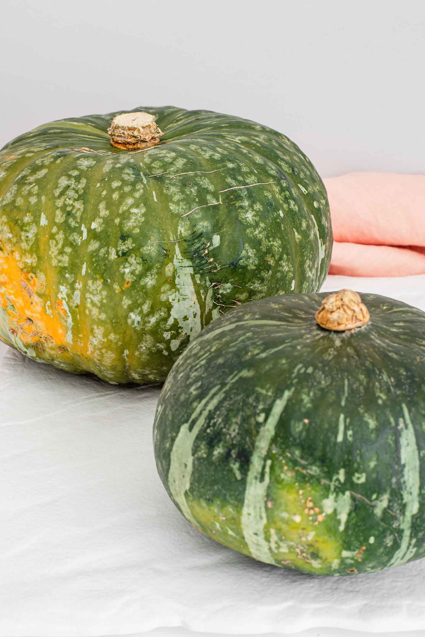 Side view of two whole kabocha squash demonstrates the variation in size from large to small.