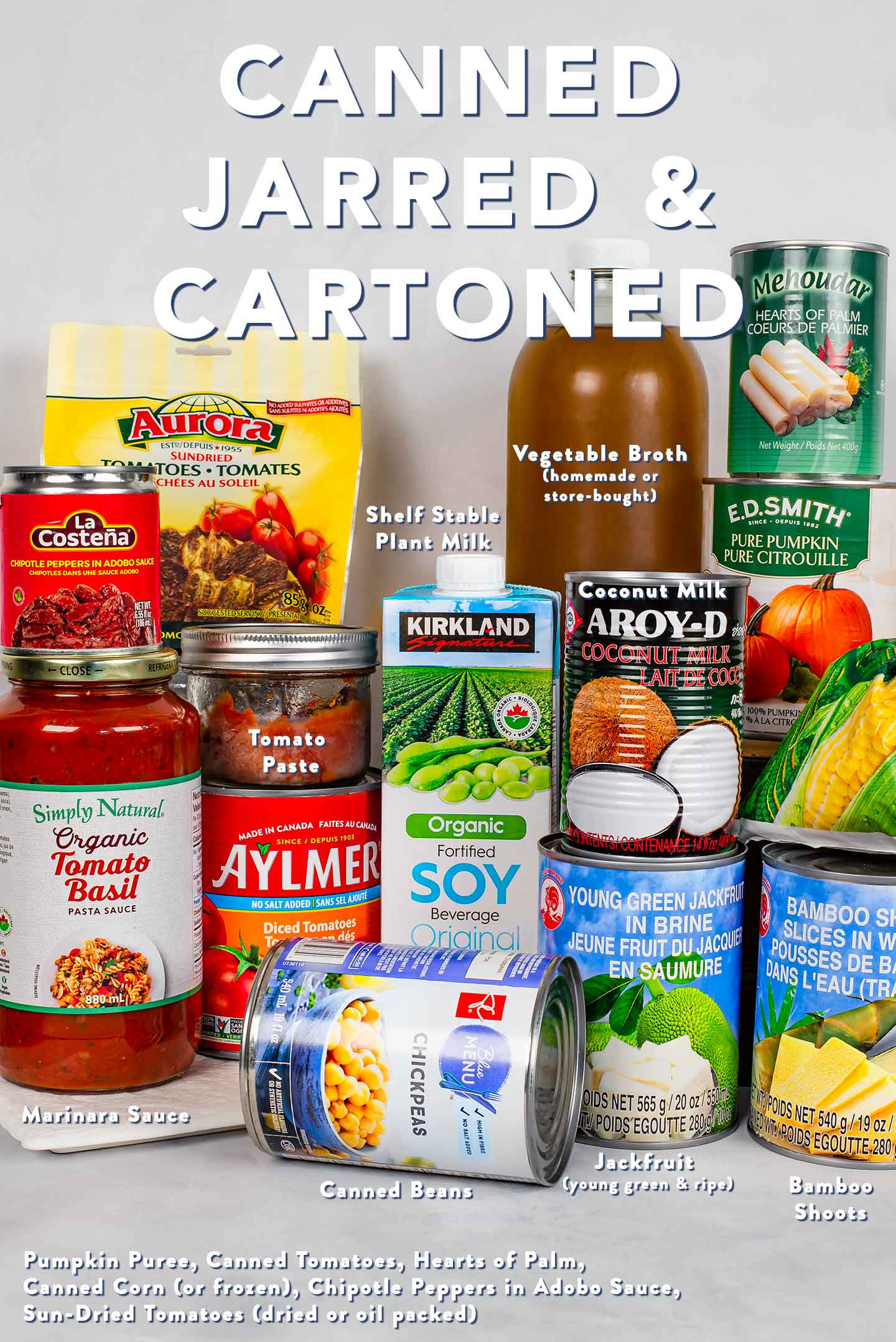 A display of various cans, cartons, and jars of our shelf-stable pantry items in our pantry tips.