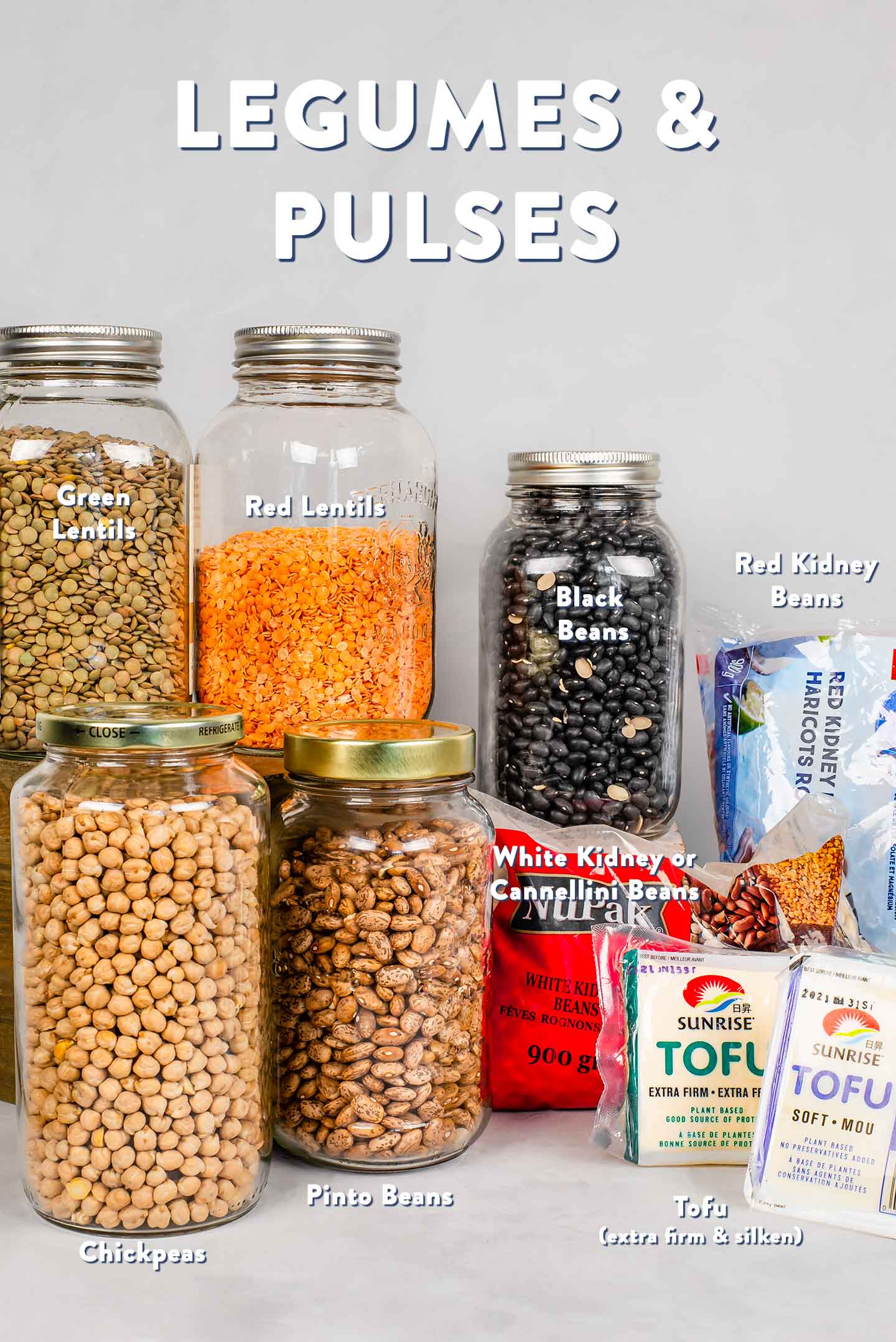 Dried legumes and pulses in various glass jars with two packages of tofu; one extra firm, and one soft or silken.