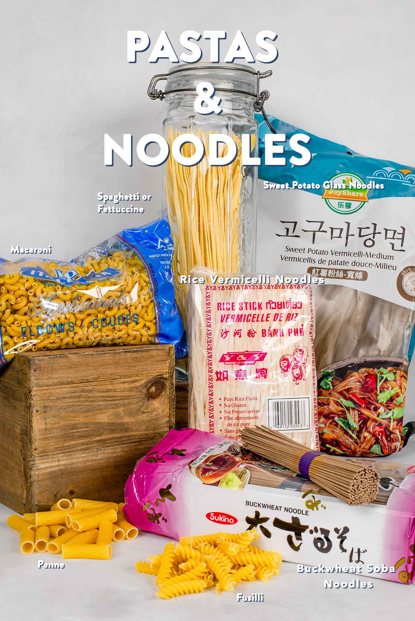 A display of pastas and noodles including spaghetti, macaroni, and various asian noodles in our pantry tips.