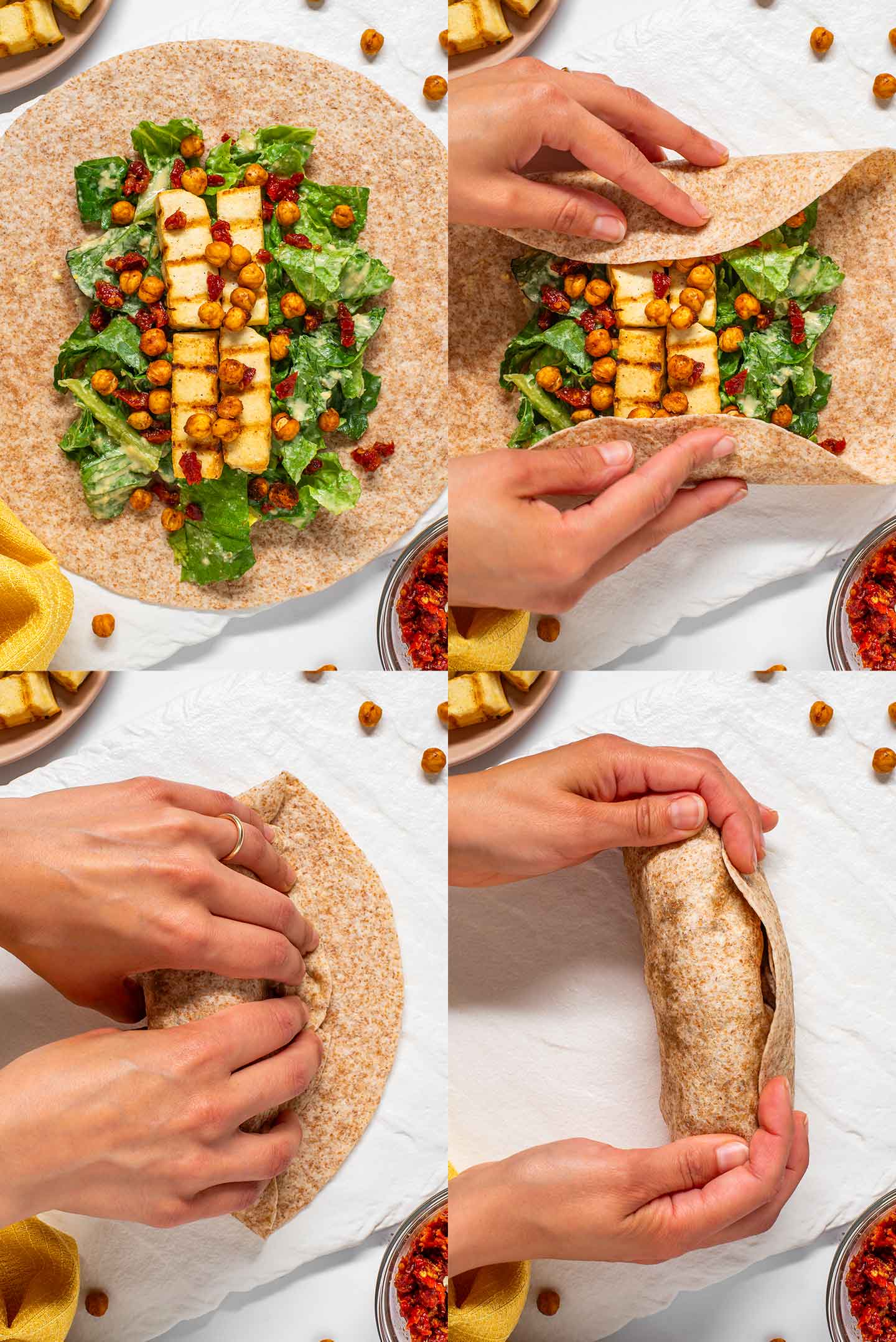 A grid of four photos demonstrating how to fill and roll vegan caesar wraps.