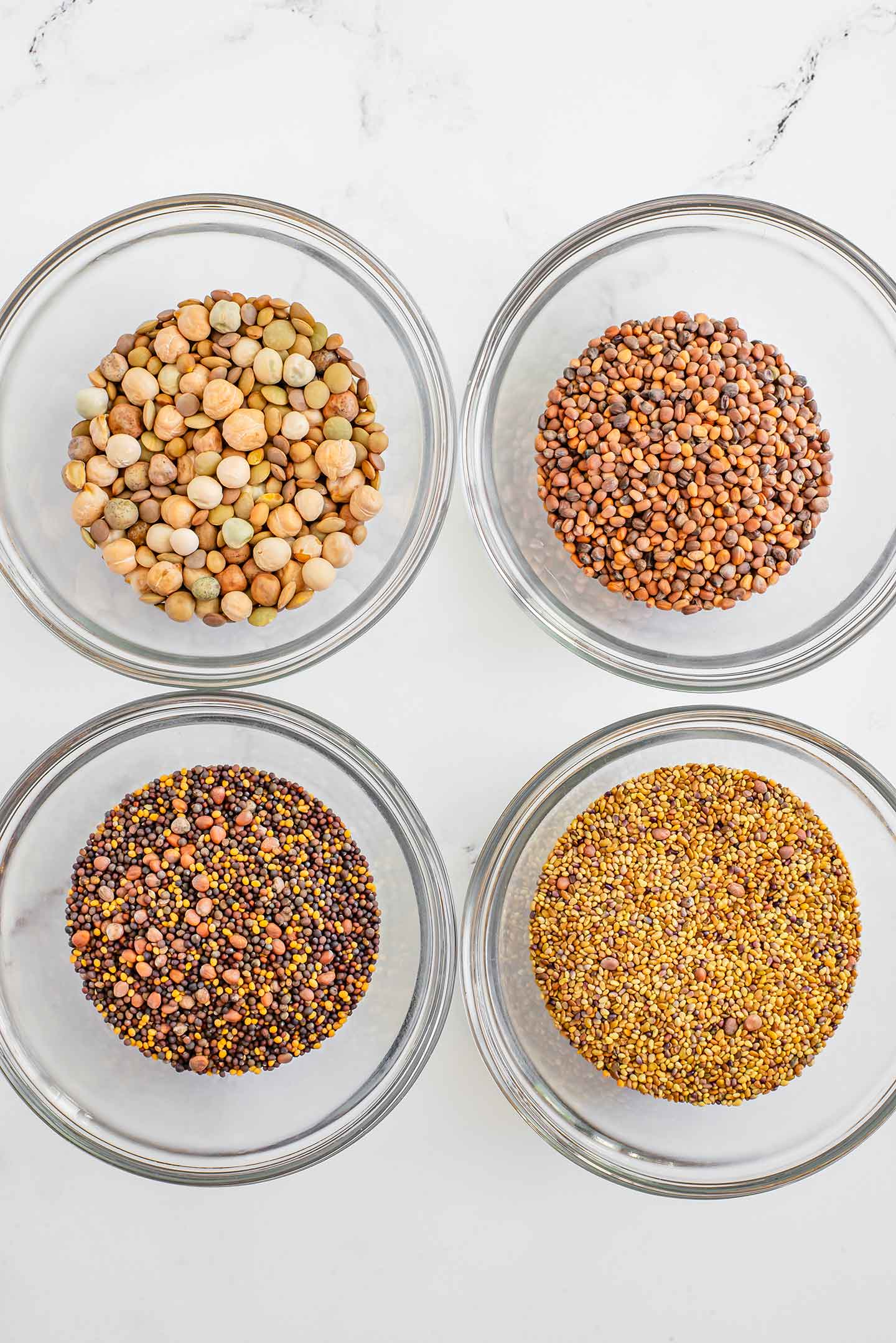Top down view of four small glass bowls with different varieties of seeds for growing sprouts at home.