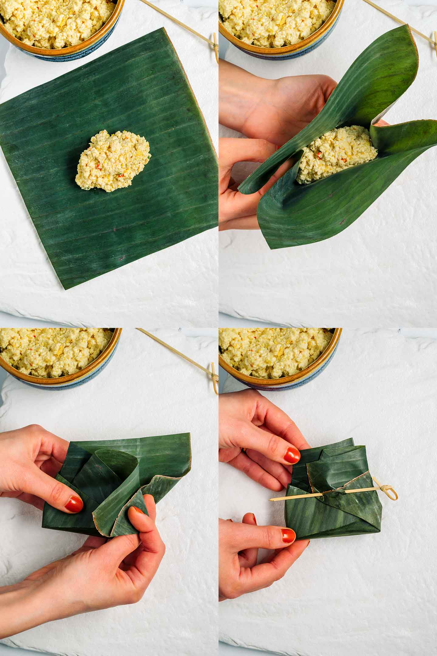 A grid of four process photos demonstrating how to fold tofu pepes.